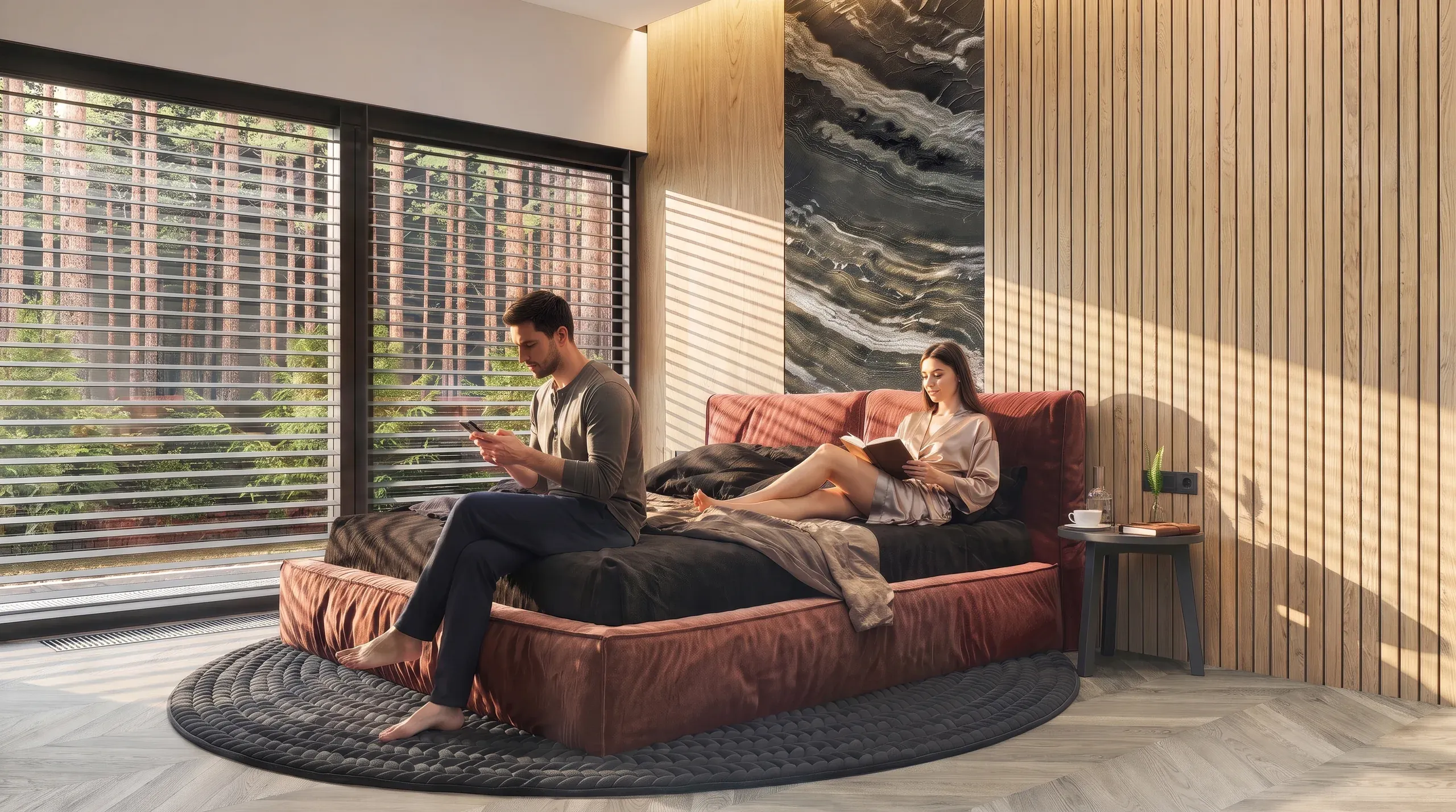 Modern bedroom with couple on terracotta bed, wooden accents, floor-to-ceiling windows overlooking city buildings, abstract wall art, and natural sunlight.