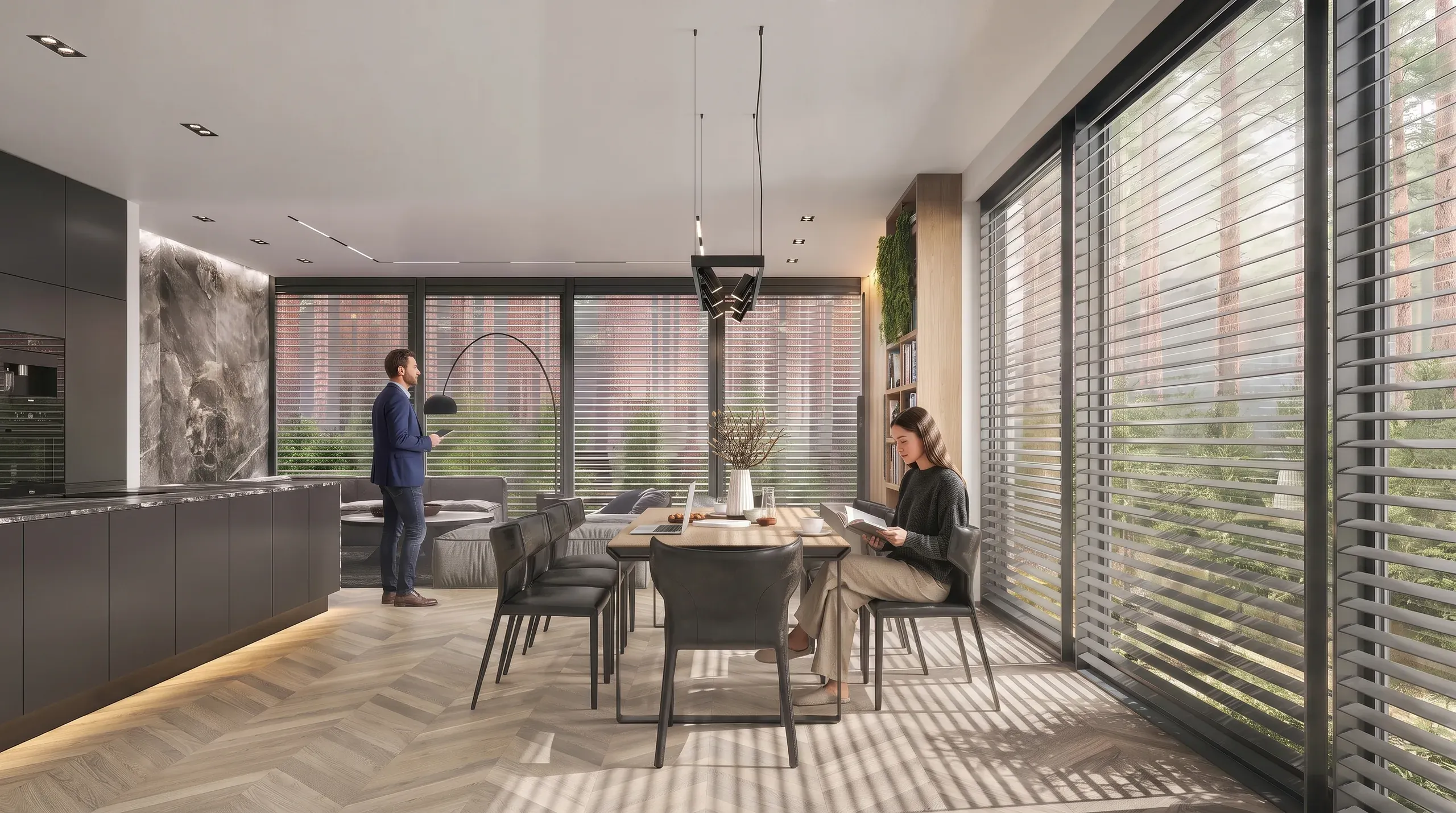 Modern apartment interior with open-plan kitchen and dining area, two people, floor-to-ceiling windows with horizontal blinds, wooden herringbone flooring, and contemporary furnishings.