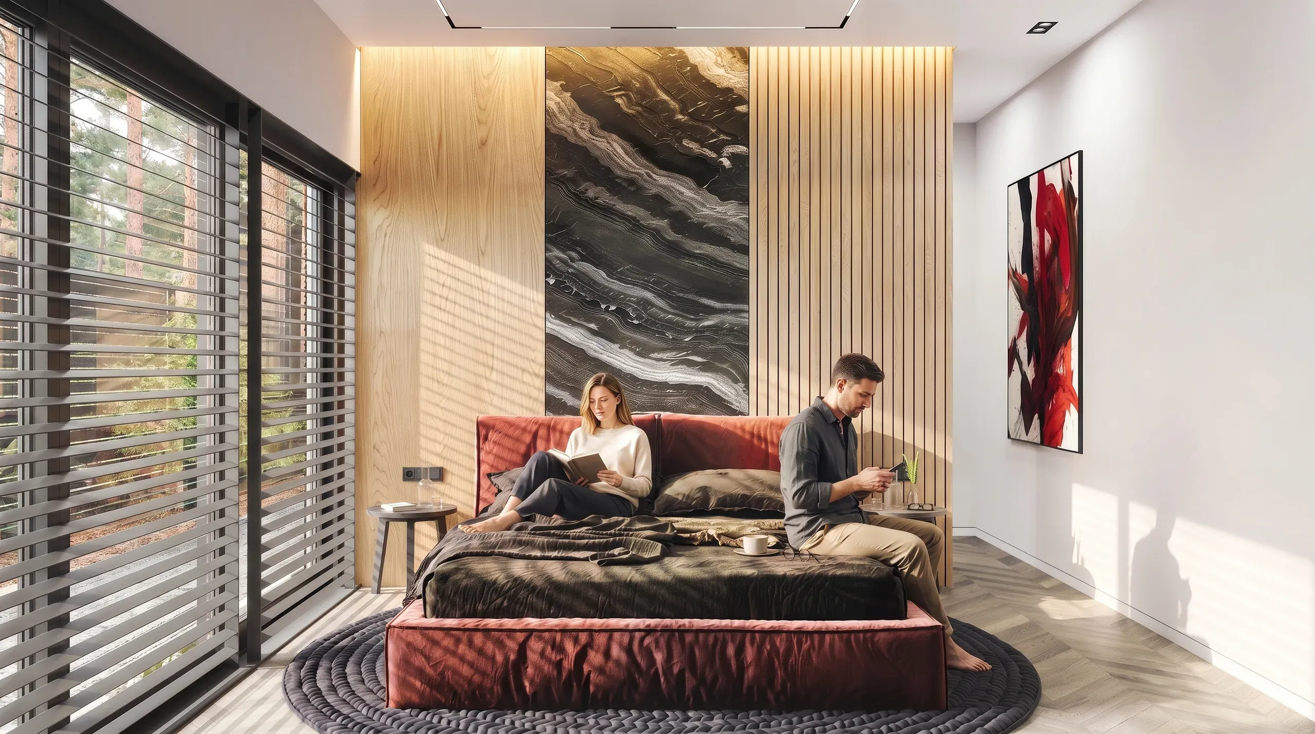 Modern bedroom with couple on red bed, wooden accent wall, black marble art, floor-to-ceiling windows, and contemporary furnishings.