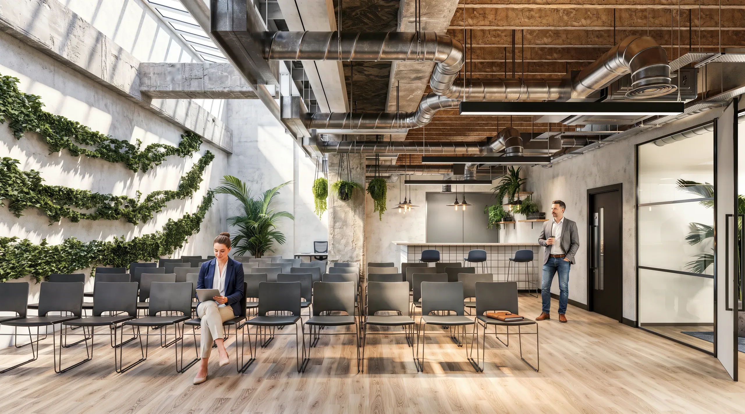 Modern office interior with exposed ceiling, industrial pipes, skylights, and green wall. Two people in a bright space with black chairs, wooden flooring, and minimalist design.