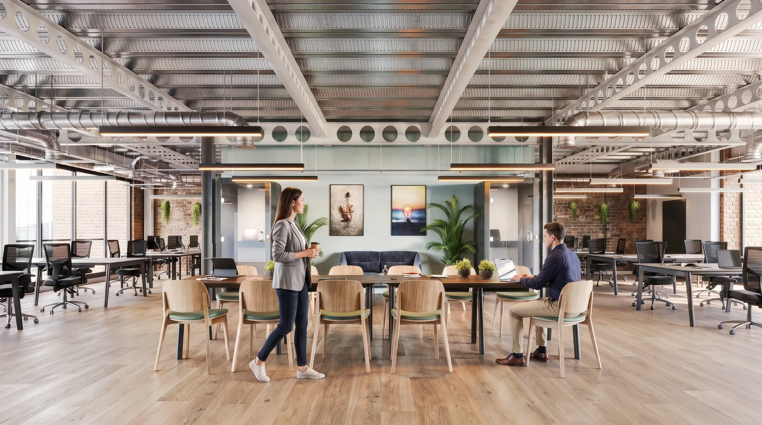 Modern open-plan office space with exposed ceiling, wooden flooring, collaborative meeting table, and two workers in a bright, plant-filled environment with brick walls.