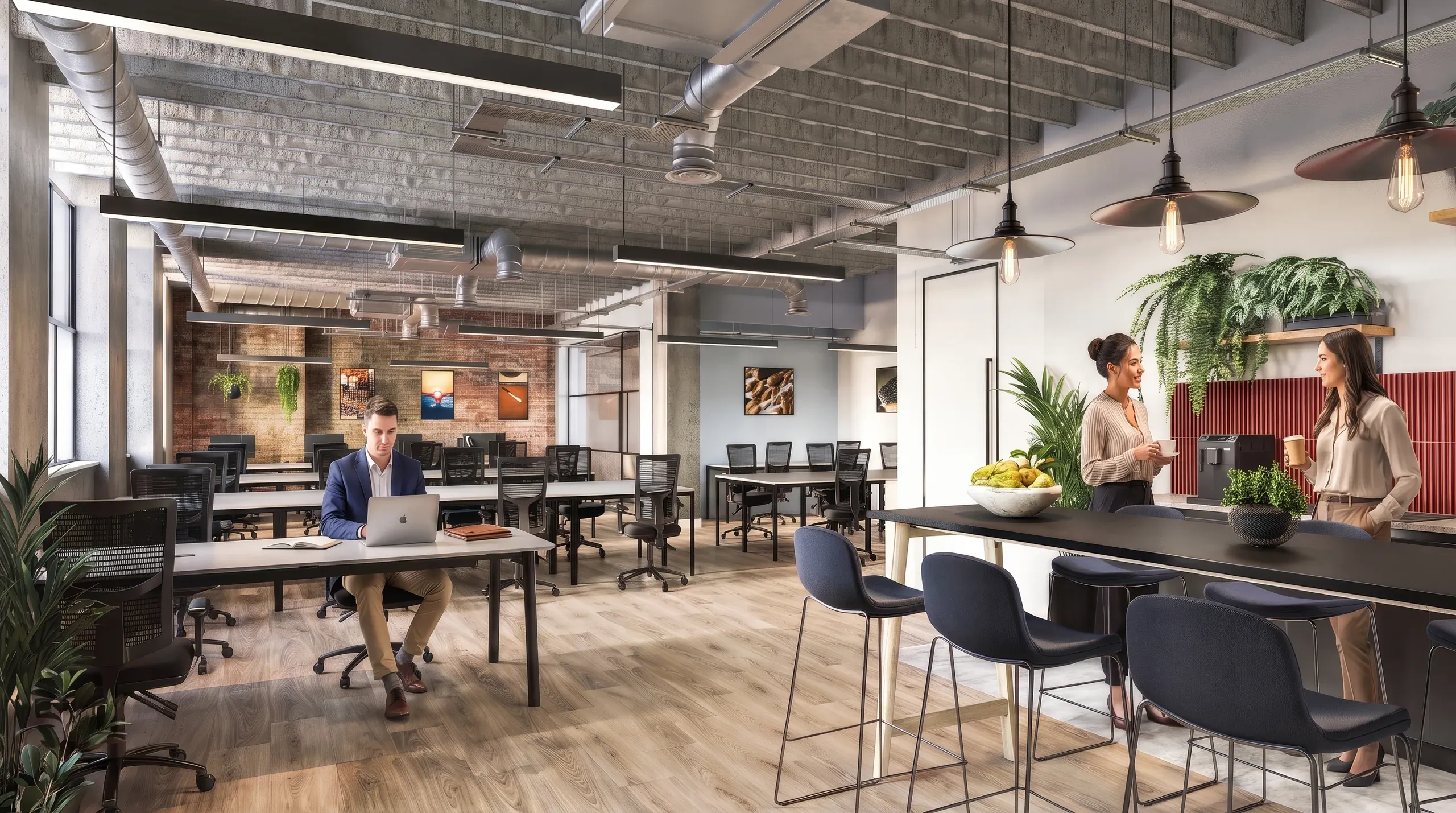 Modern open-plan office with exposed brick, wood flooring, industrial ceiling, collaborative workstations, hanging pendant lights, and abundant greenery throughout the space.