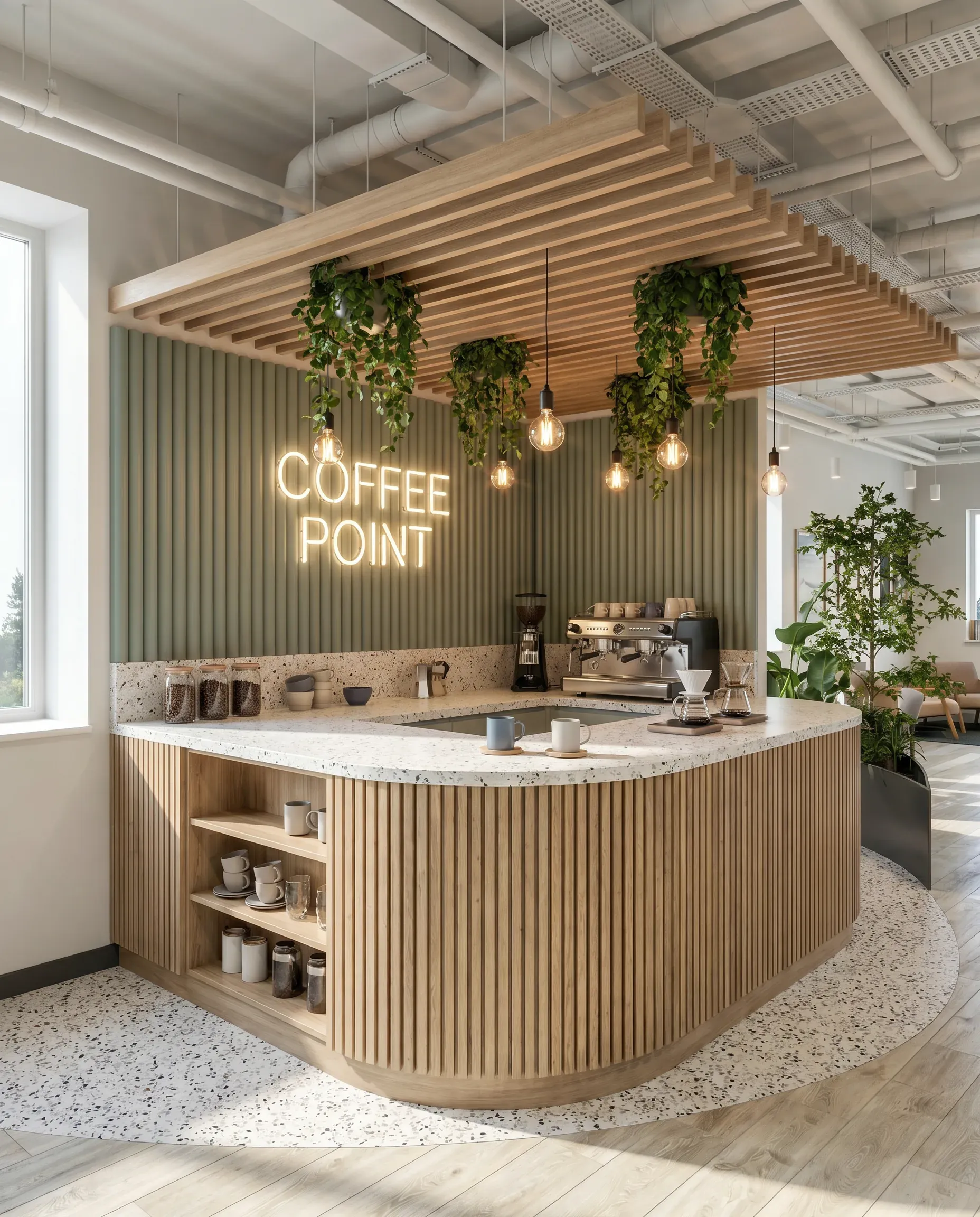 Modern coffee shop interior with wooden slat ceiling, neon sign, hanging plants, pendant lights, curved counter with terrazzo top, and open shelving displaying cups and supplies.