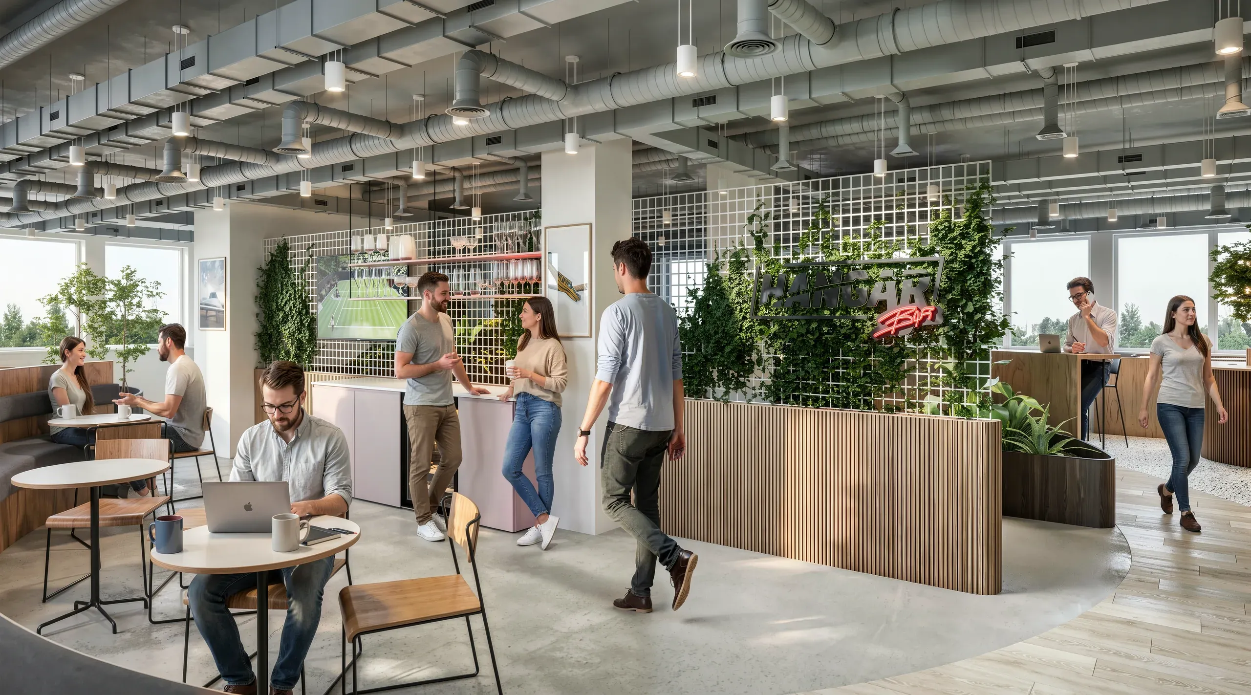 Modern open-plan office space with employees working and socializing, featuring exposed ceiling ducts, green wall partitions, natural lighting, and contemporary furniture.