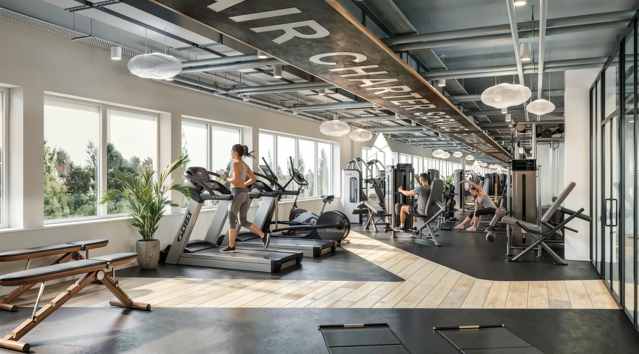 Modern gym interior with cardio equipment, strength machines, large windows, pendant lighting, and exercising members in a bright, spacious facility.