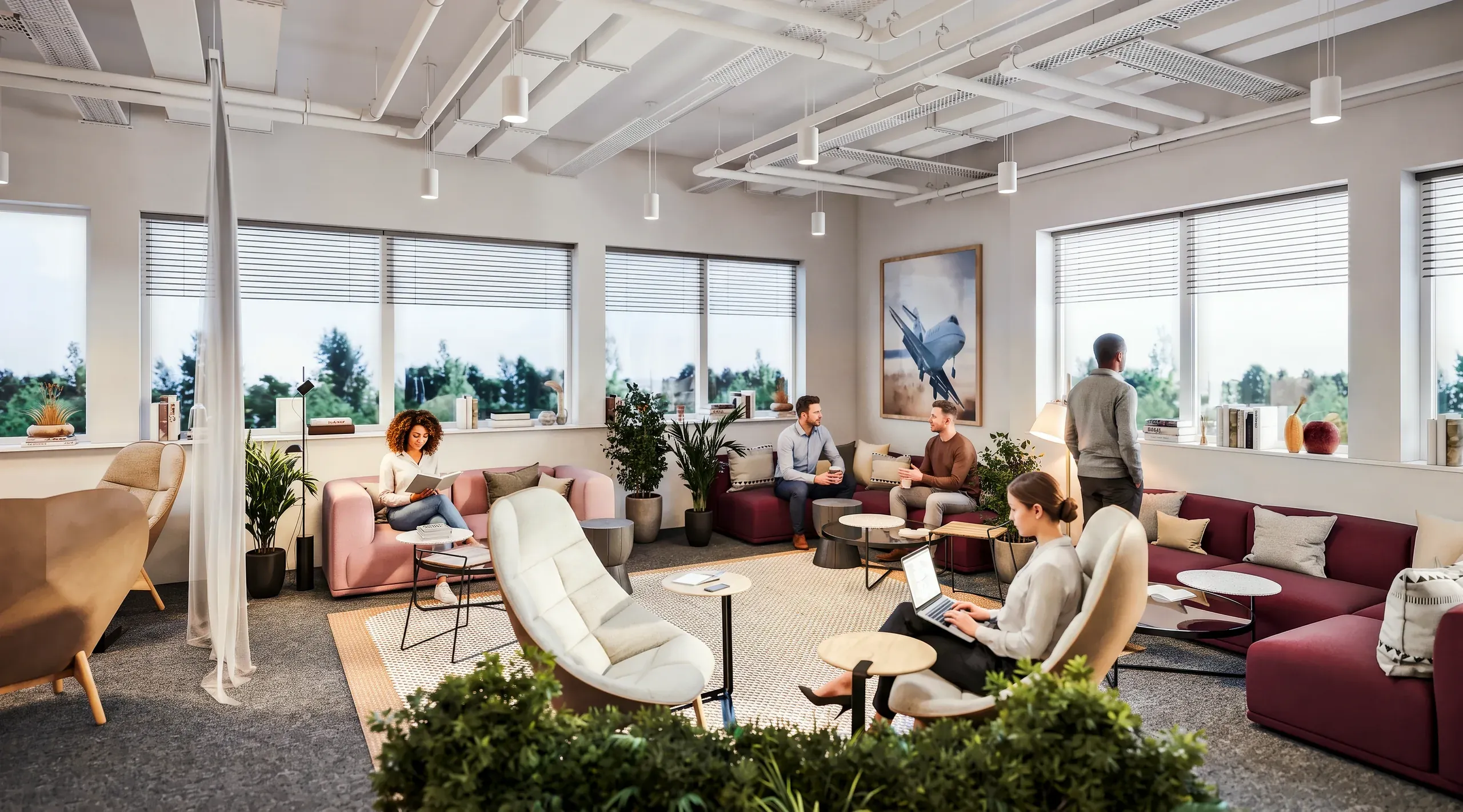 Modern office lounge with employees working and conversing in comfortable seating areas, featuring floor-to-ceiling windows, plants, and contemporary furniture.