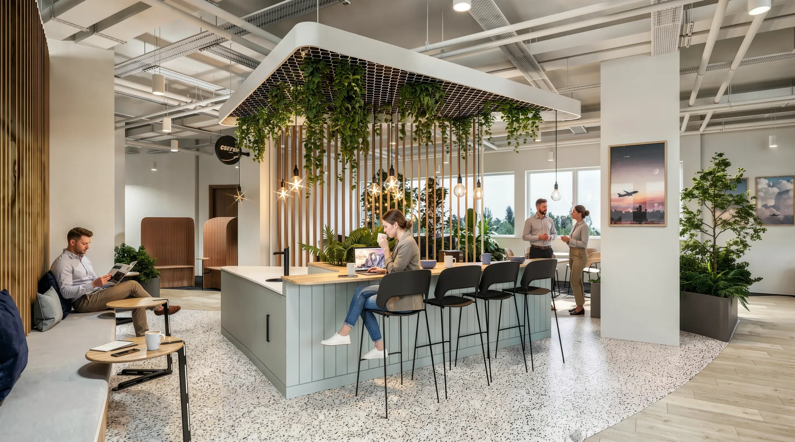 Modern office break room with suspended green plants, wooden partitions, bar seating, lounge area, and large windows overlooking landscape.