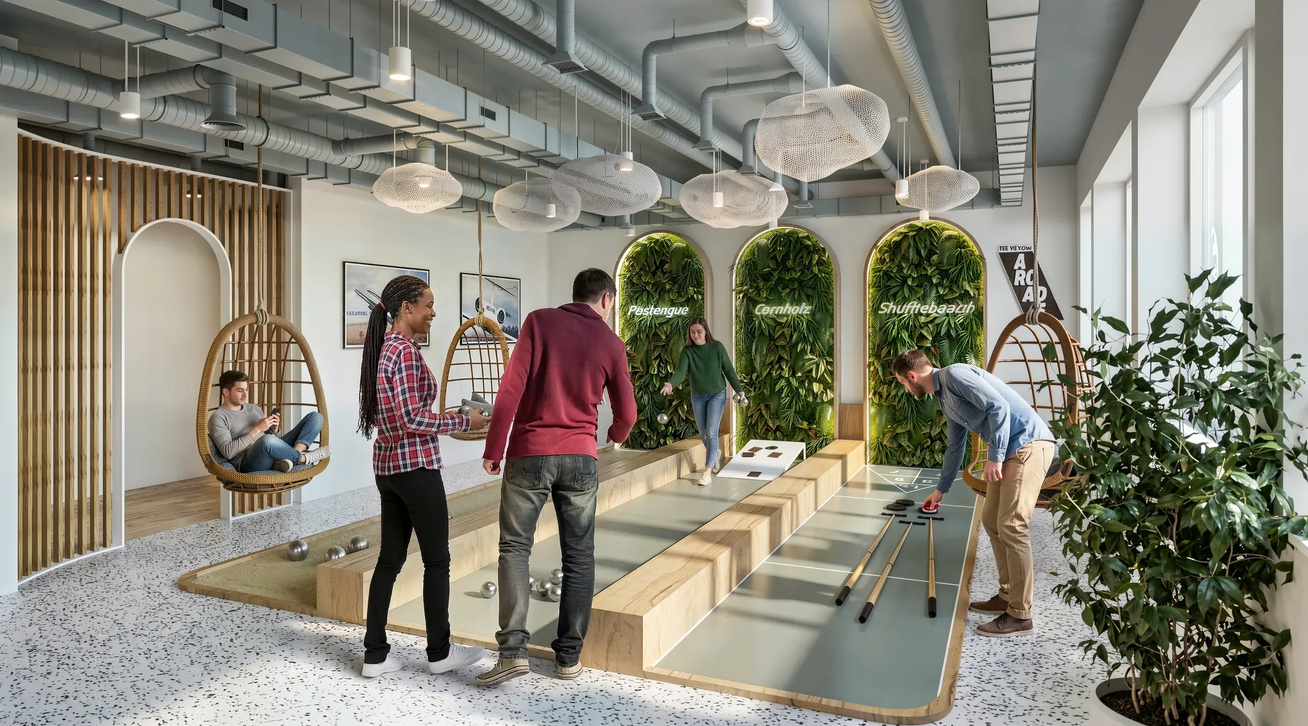 Modern office break room with employees playing mini golf, hanging pendant lights, living plant walls, wooden seating areas, and industrial ceiling details.
