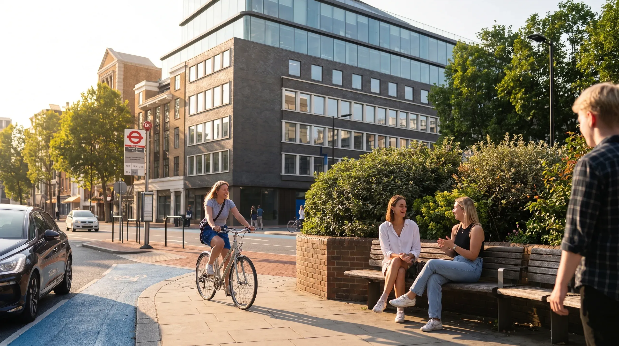 Urban street scene with pedestrians, cyclist, and modern mixed-use buildings featuring brick and glass architecture under natural daylight.