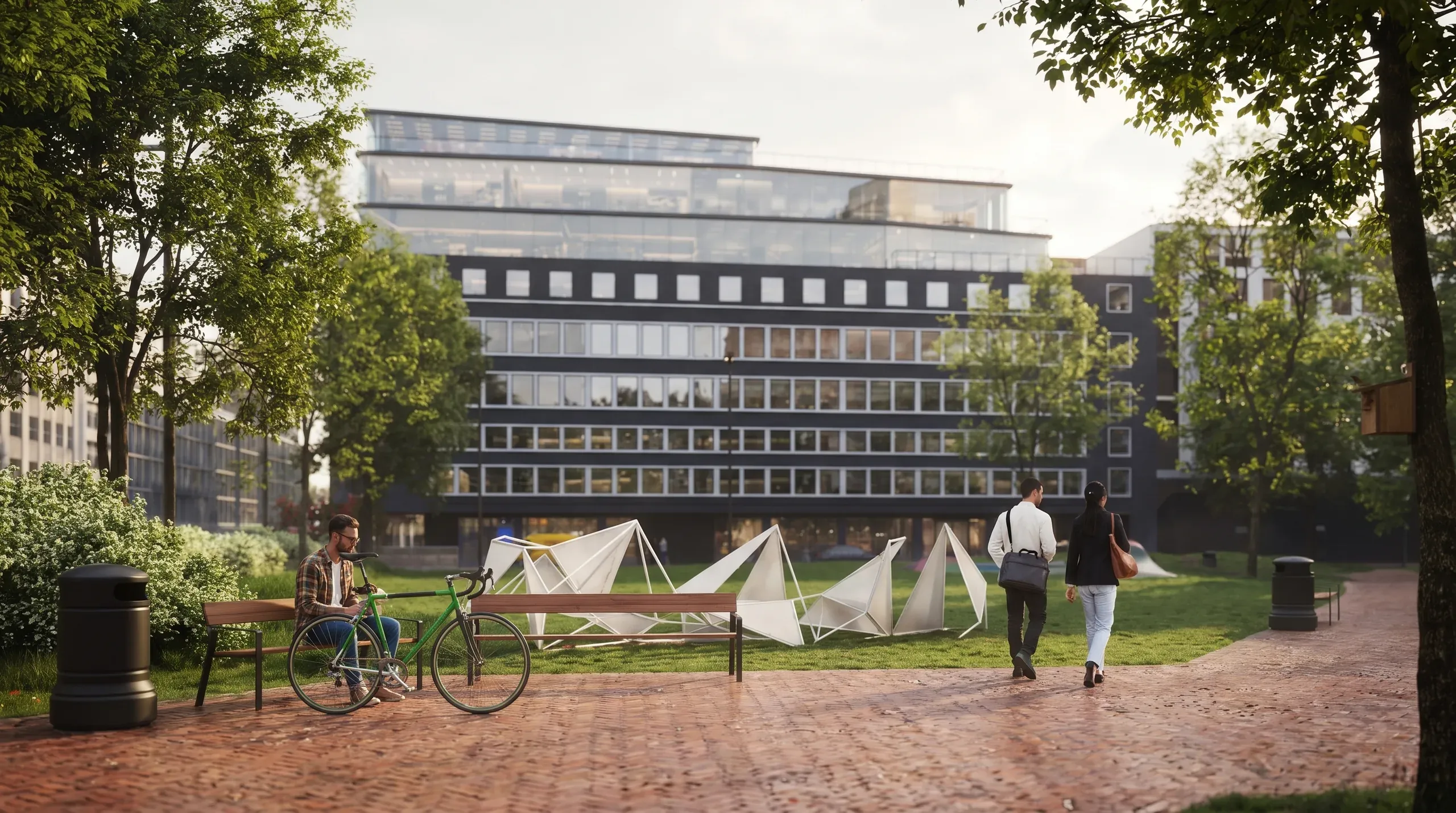 Modern courtyard with architectural render of glass building, people, bicycle, benches, white umbrellas, and green trees.