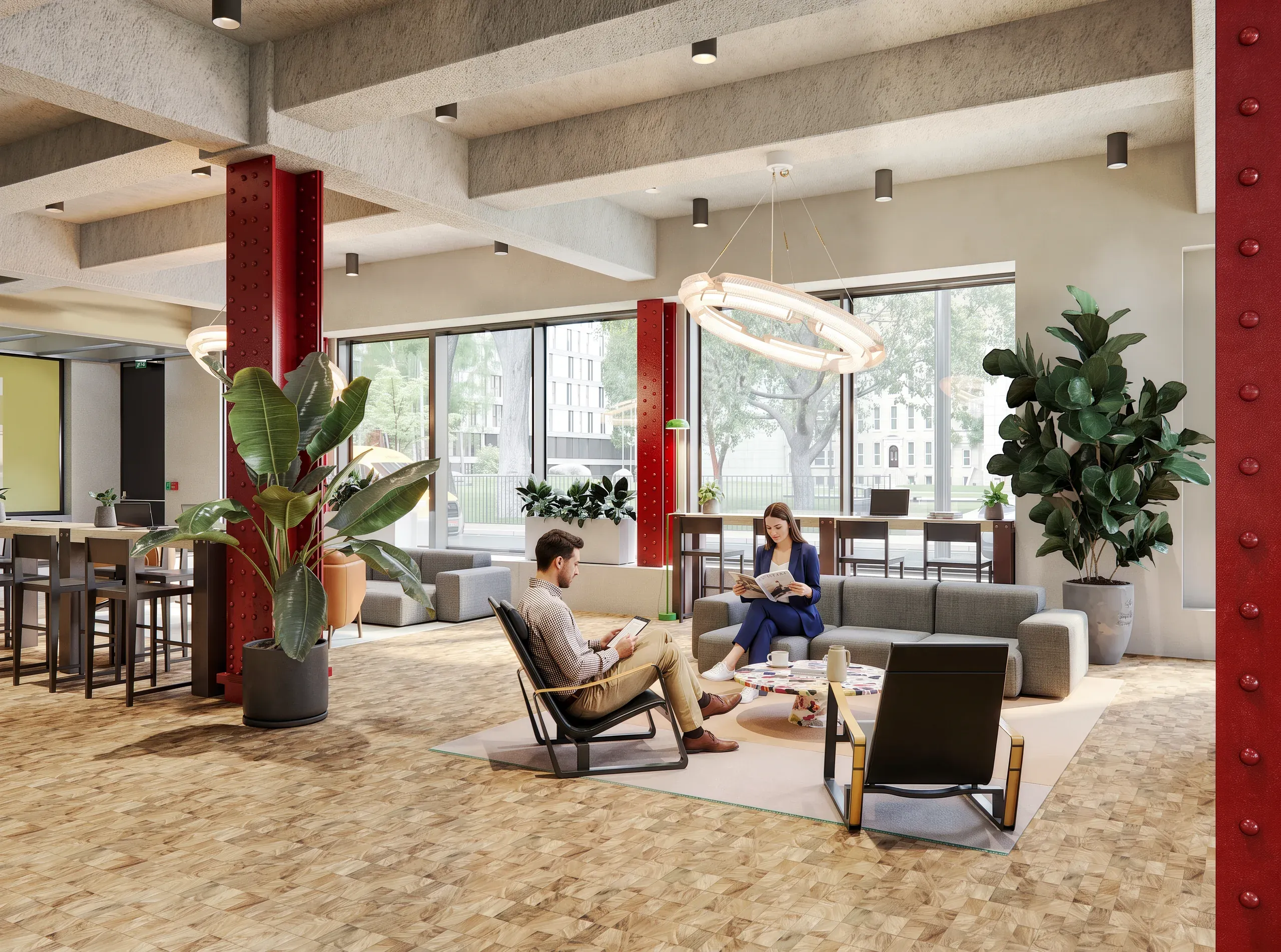 Modern office lobby with two people in casual seating areas, concrete ceiling beams, red metal columns, large windows, potted plants, and contemporary pendant lighting.