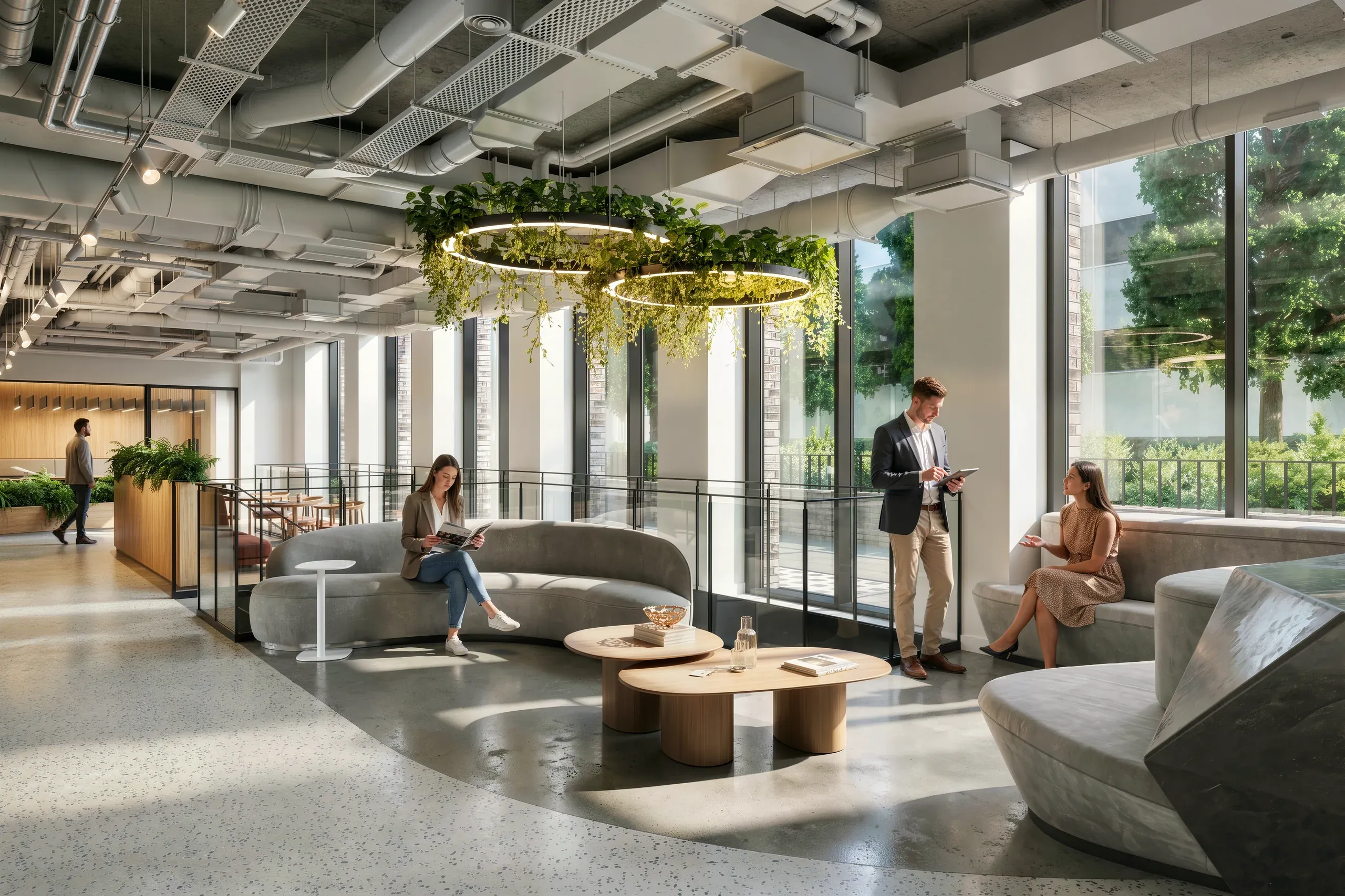 Modern office lounge with curved seating, wooden tables, hanging plants, floor-to-ceiling windows, and employees working and conversing in an open-plan space.