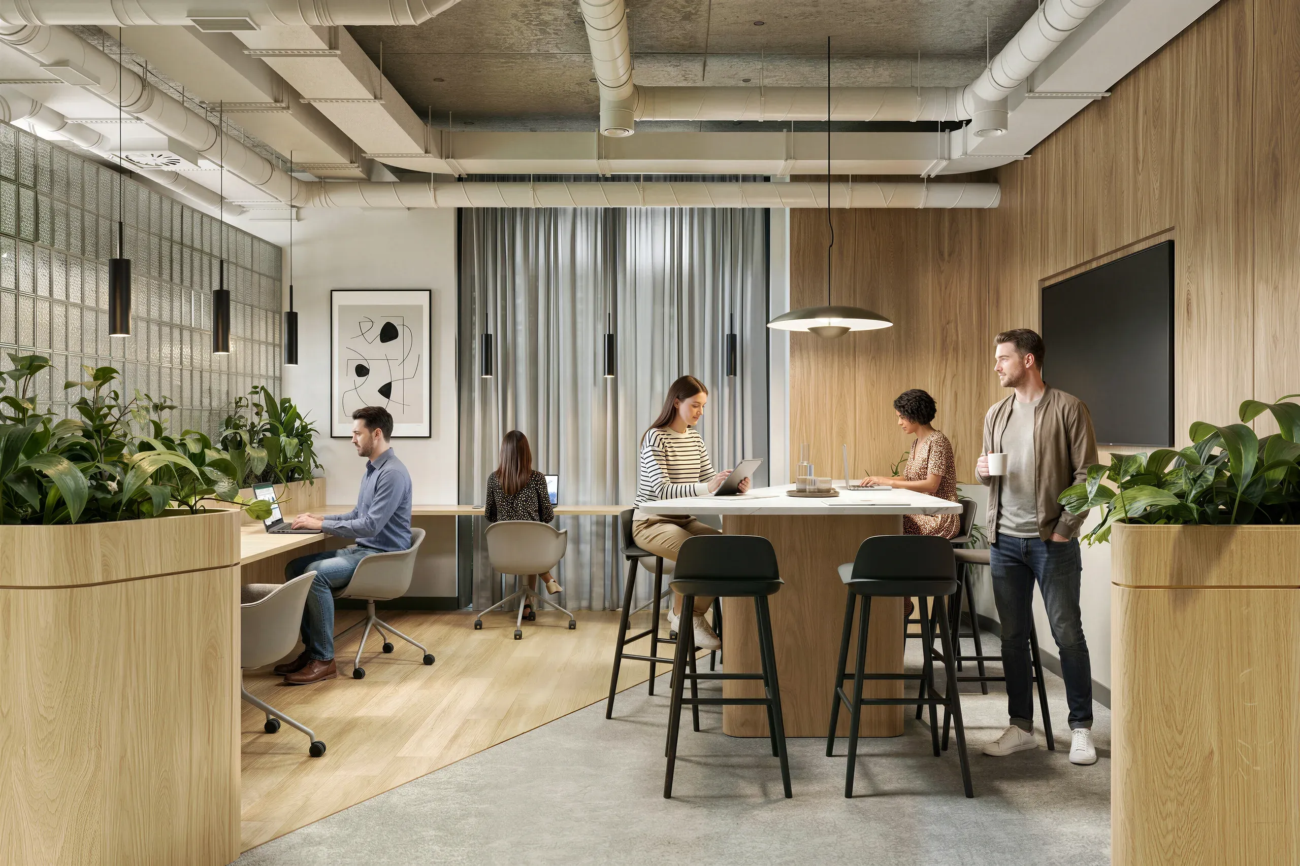 Modern open-plan office space with six people working at wooden desks and high-top tables, surrounded by potted plants, with pendant lights and floor-to-ceiling curtains.
