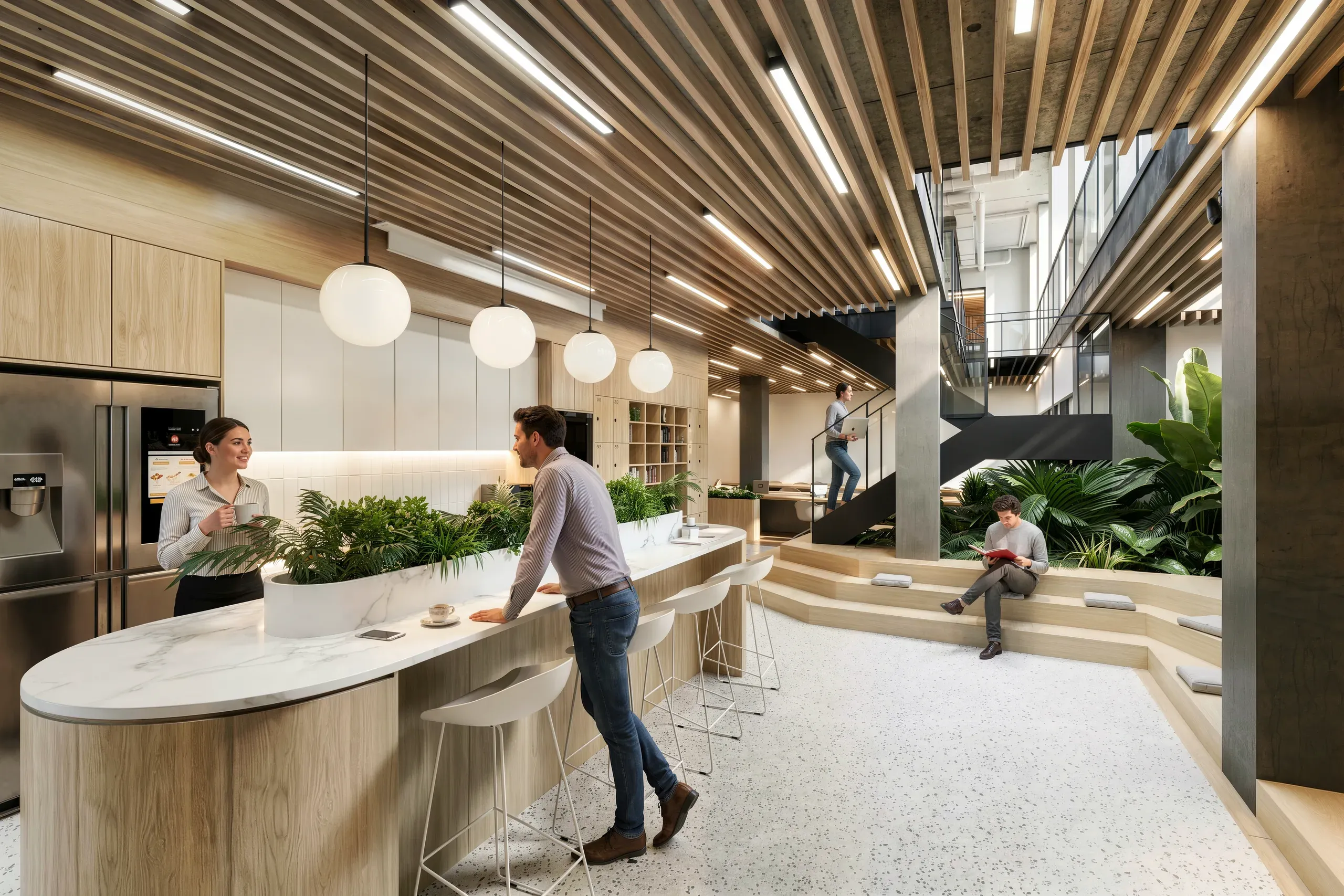Modern office break room with curved kitchen counter, pendant lights, wooden ceiling slats, and employees interacting in a bright, plant-filled communal space.