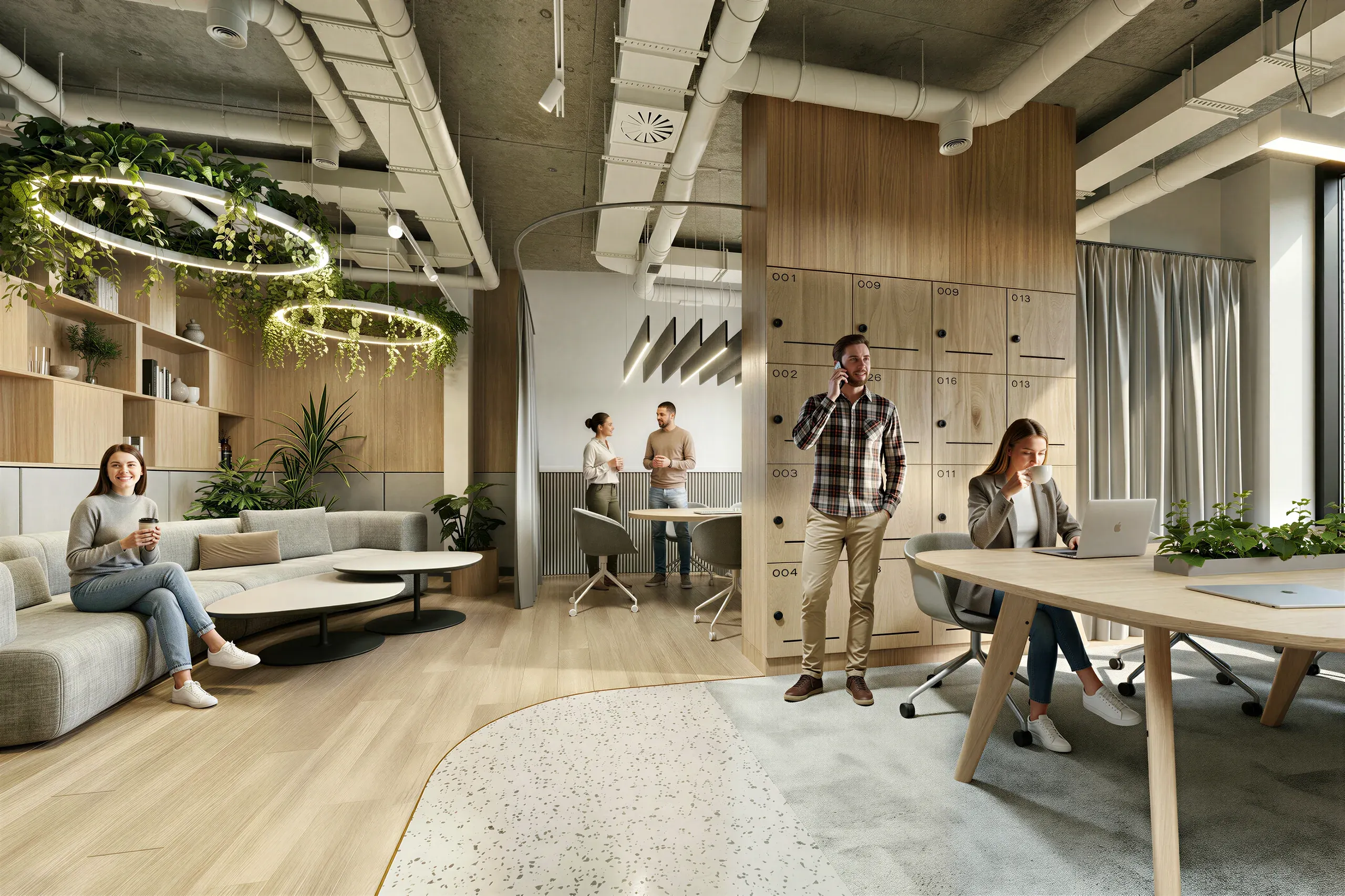 Modern open-plan office space with lounge seating, individual workstations, private pods, potted plants, and employees working and conversing throughout the light-filled interior.