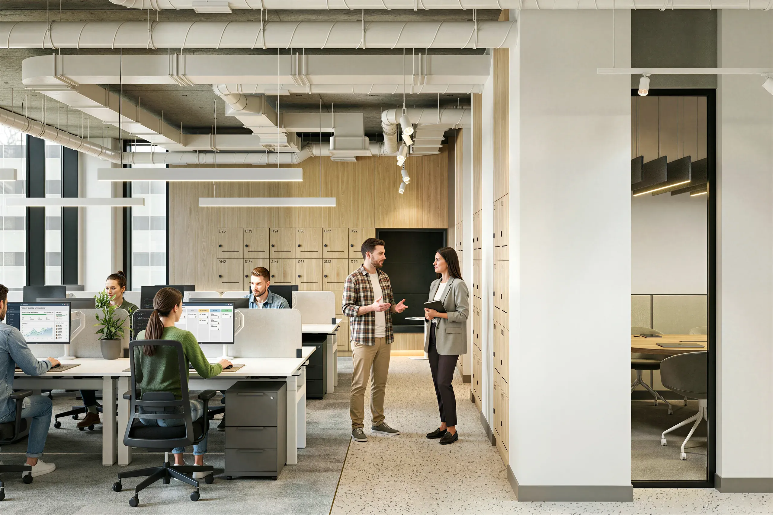 Modern open-plan office with exposed ceiling, wood accents, and employees working at desks and conversing in central workspace area.