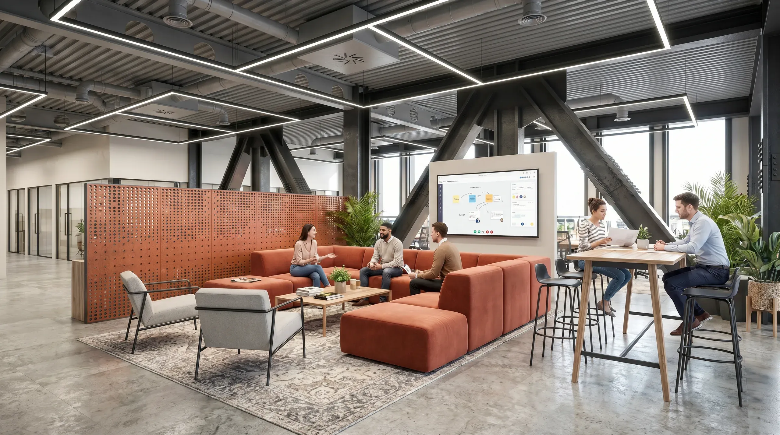 Modern open-plan office space with rust-colored modular sofa, collaborative work areas, large display screen, and industrial ceiling design with skylights.