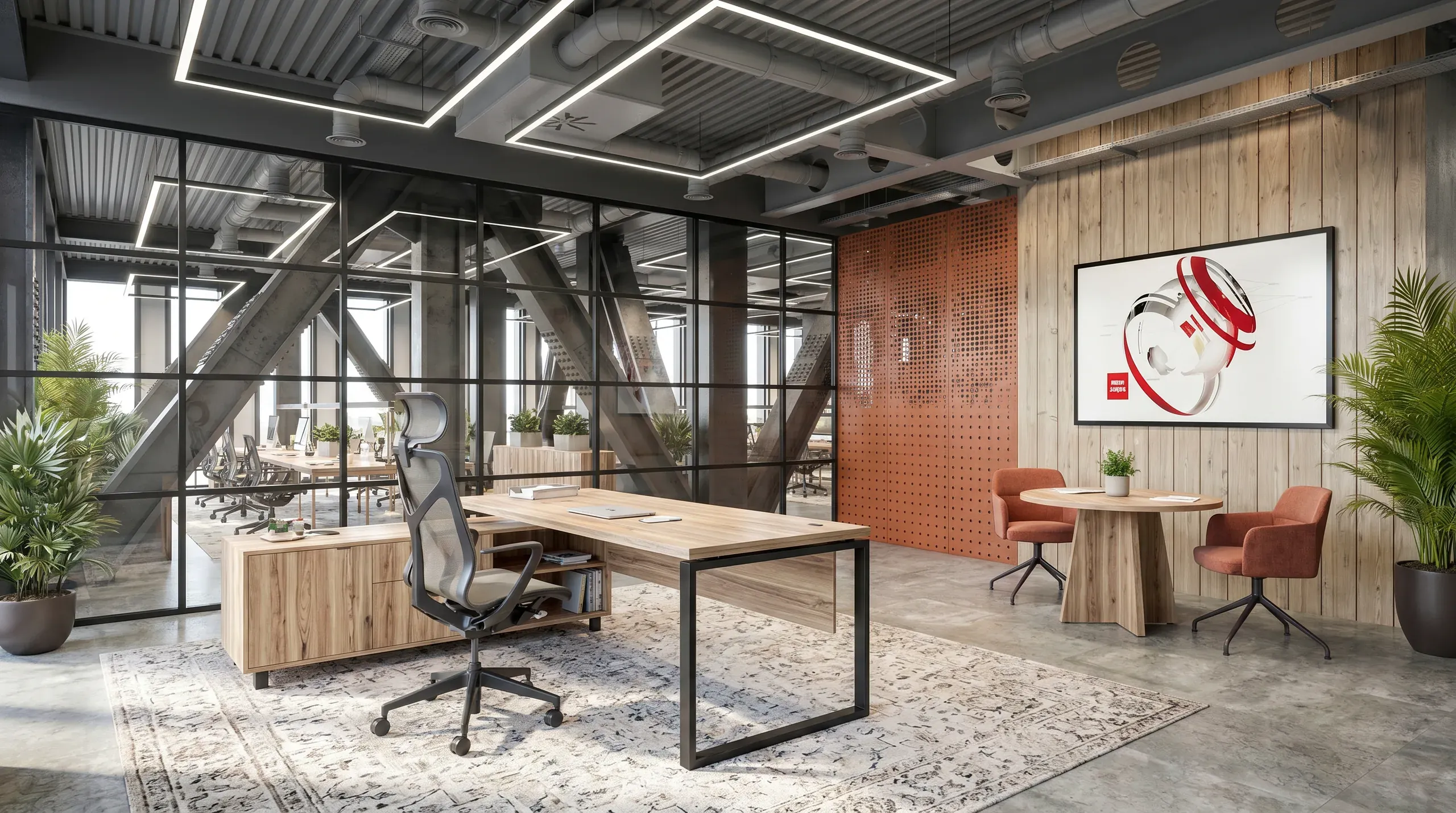 Modern open-plan office with wooden desks, ergonomic chairs, brick accent wall, industrial ceiling, and natural lighting from floor-to-ceiling windows.