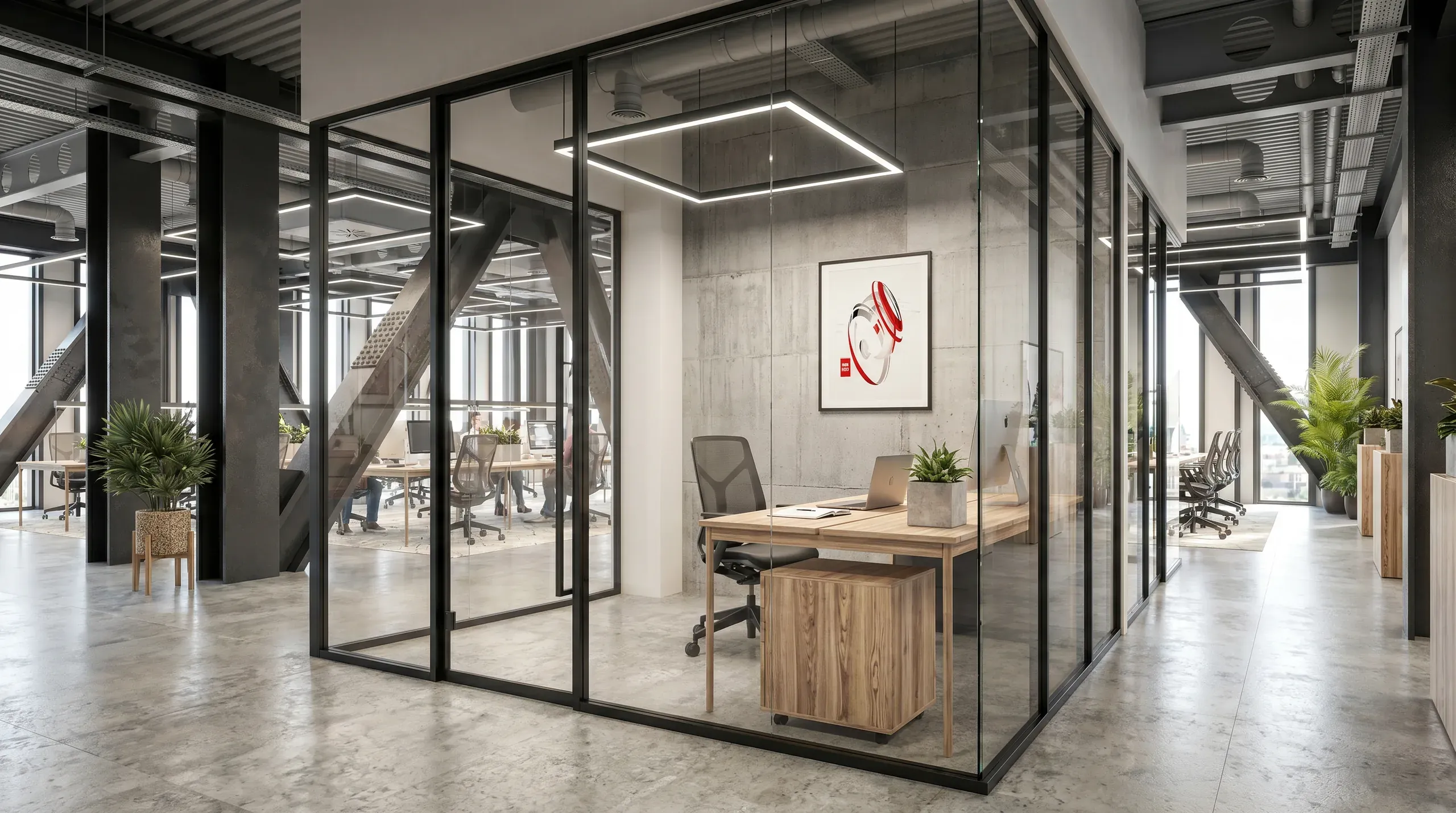 Modern glass-walled office cubicle with wooden desk and chair, featuring abstract red artwork, surrounded by open floor plan and industrial ceiling in contemporary workspace.
