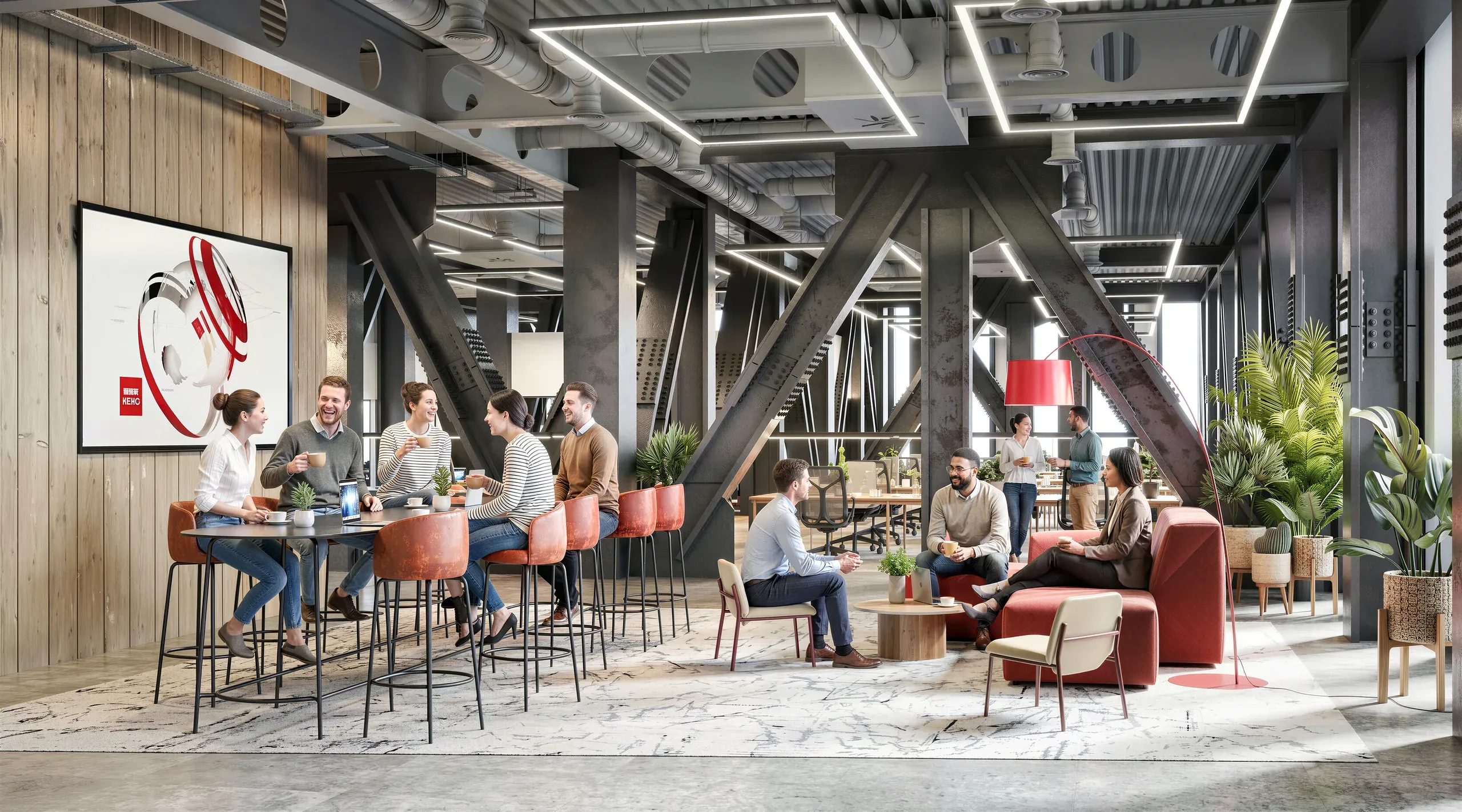 Modern office space with exposed beams, casual seating areas, and groups of people collaborating and socializing throughout the industrial-style interior.