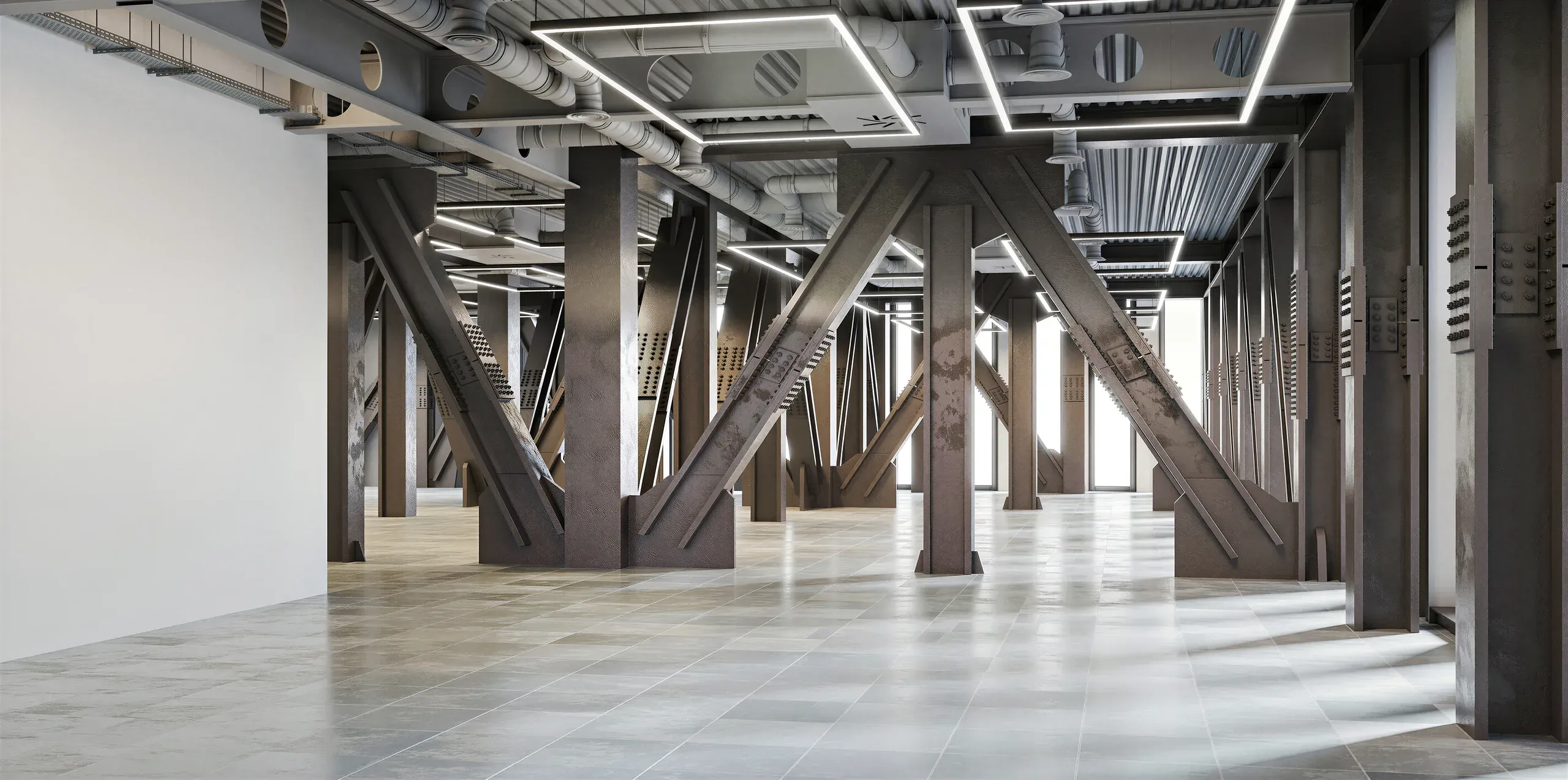 Industrial loft interior with exposed steel beams, concrete columns, polished floors, metal ductwork, and large windows providing natural light.