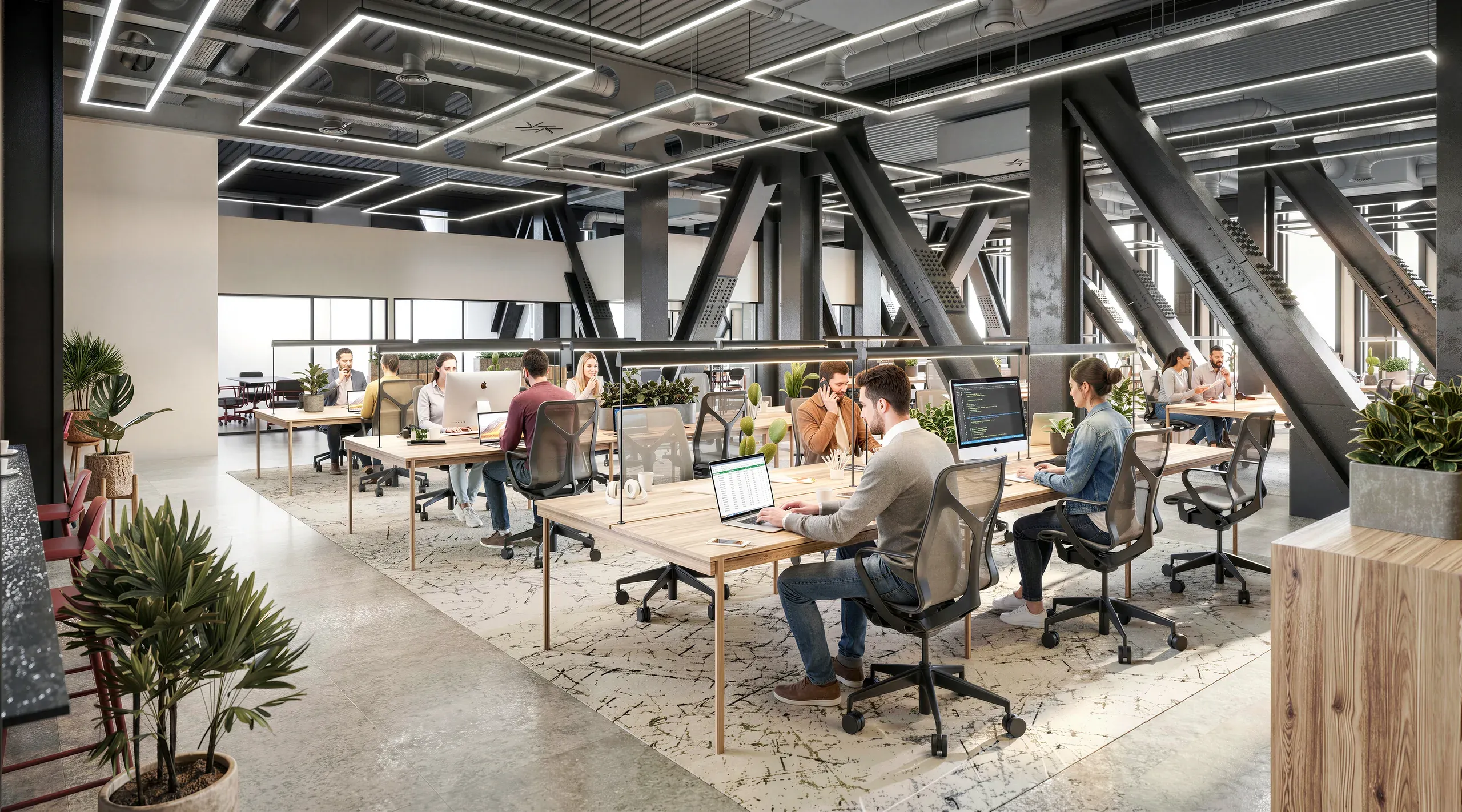 Modern open-plan office with natural light, exposed steel beams, potted plants, and employees working at wooden desks with laptops.