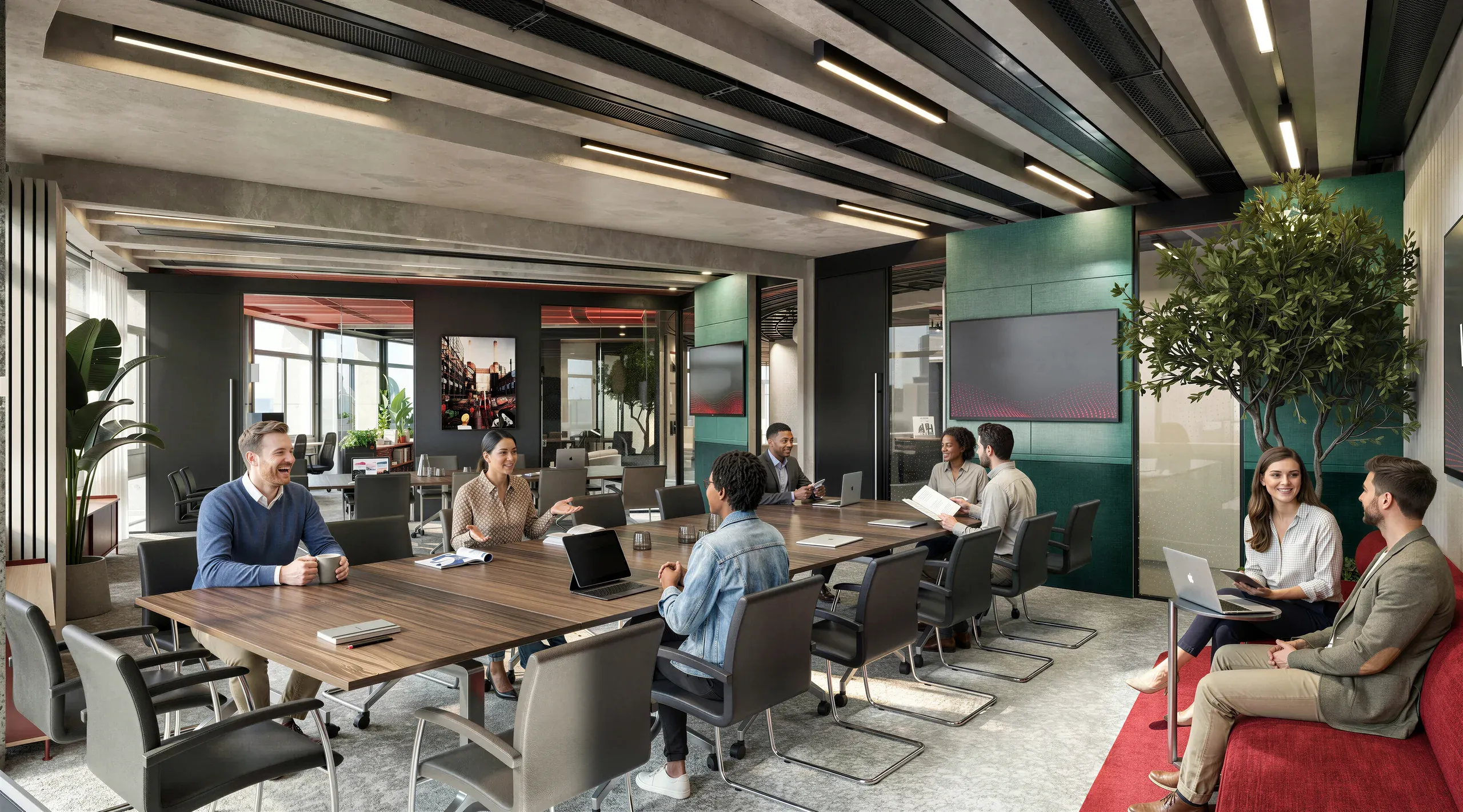 Modern open-plan office space with multiple employees collaborating at wooden tables, featuring green accent walls, linear ceiling lights, plants, and contemporary furniture.