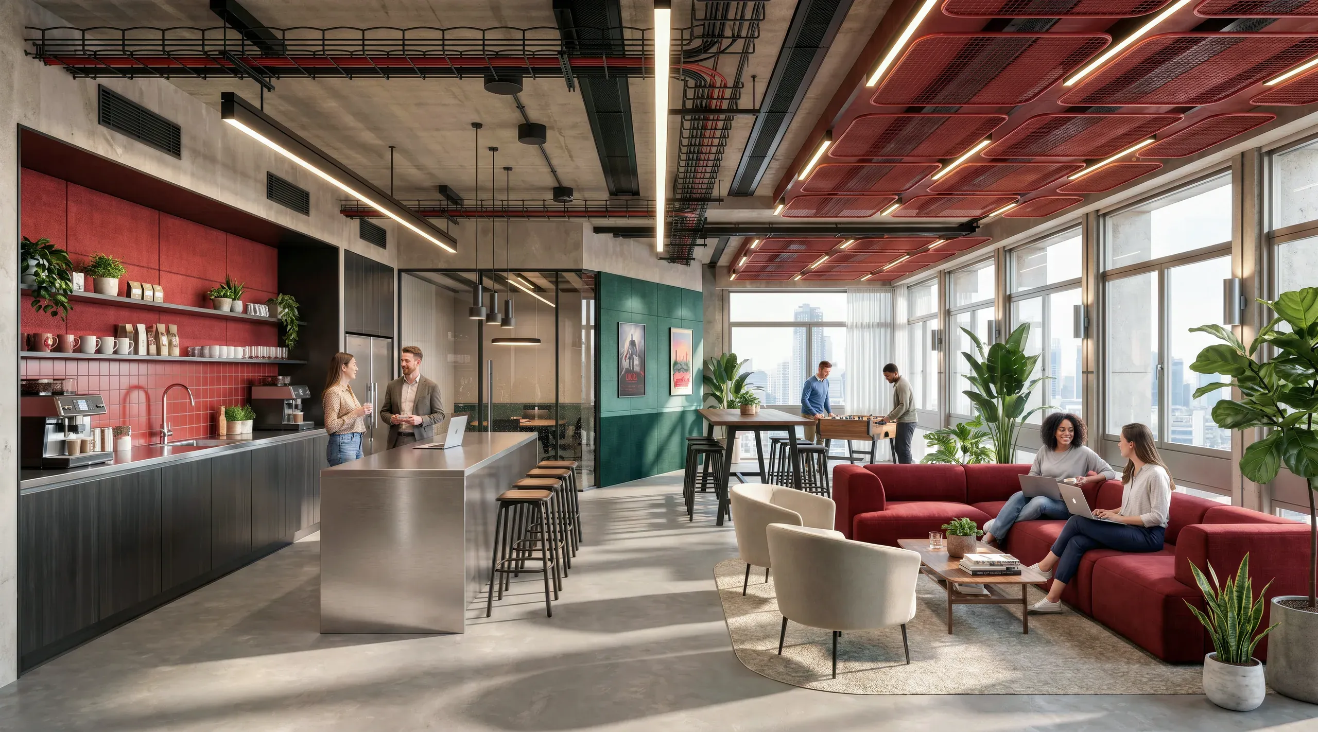 Modern office break room with red accent walls, kitchen area, lounge seating, and multiple employees working and socializing by large windows.