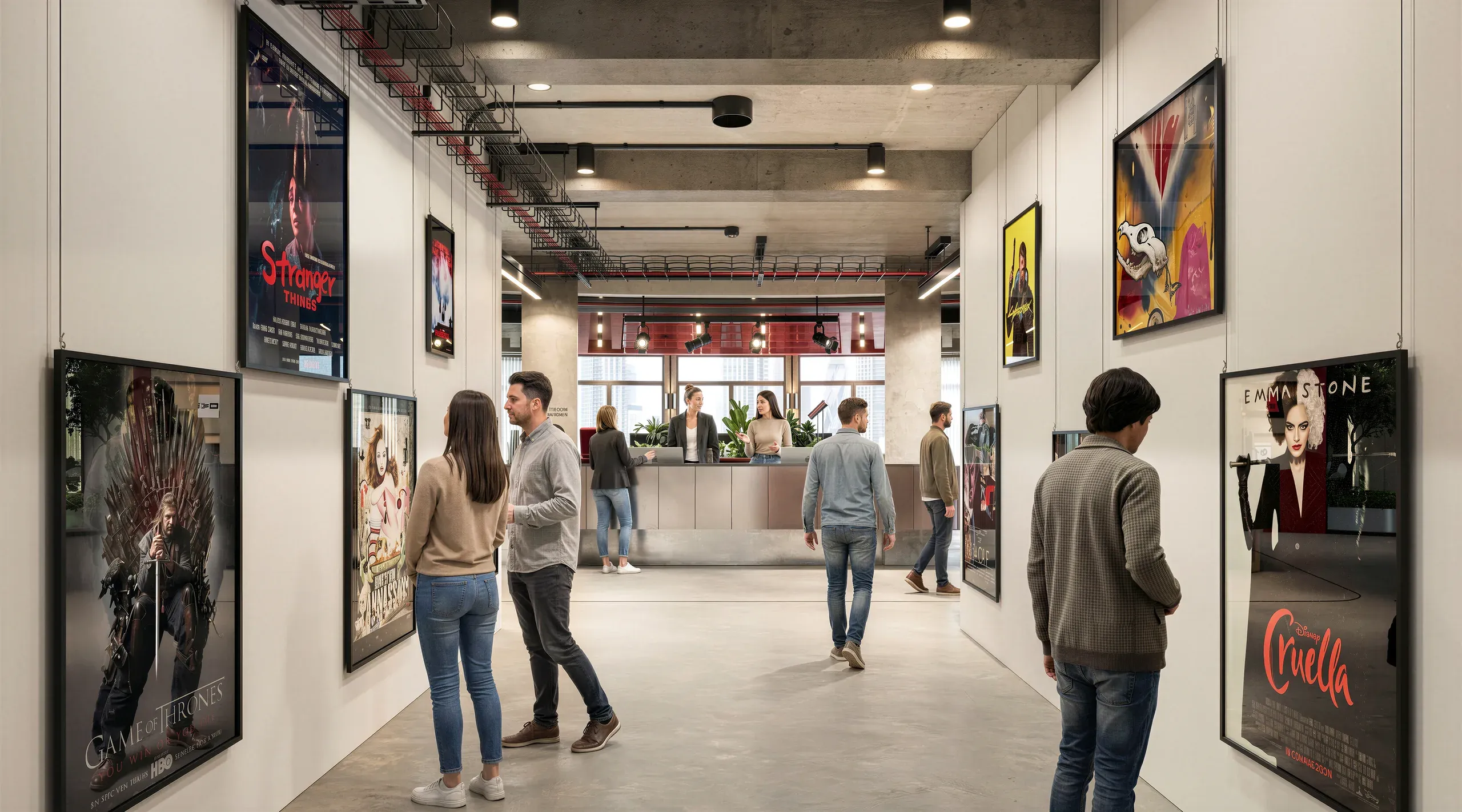 Modern cinema lobby with movie posters on white walls, concrete ceiling, ticket counter, and visitors walking through bright, minimalist space.