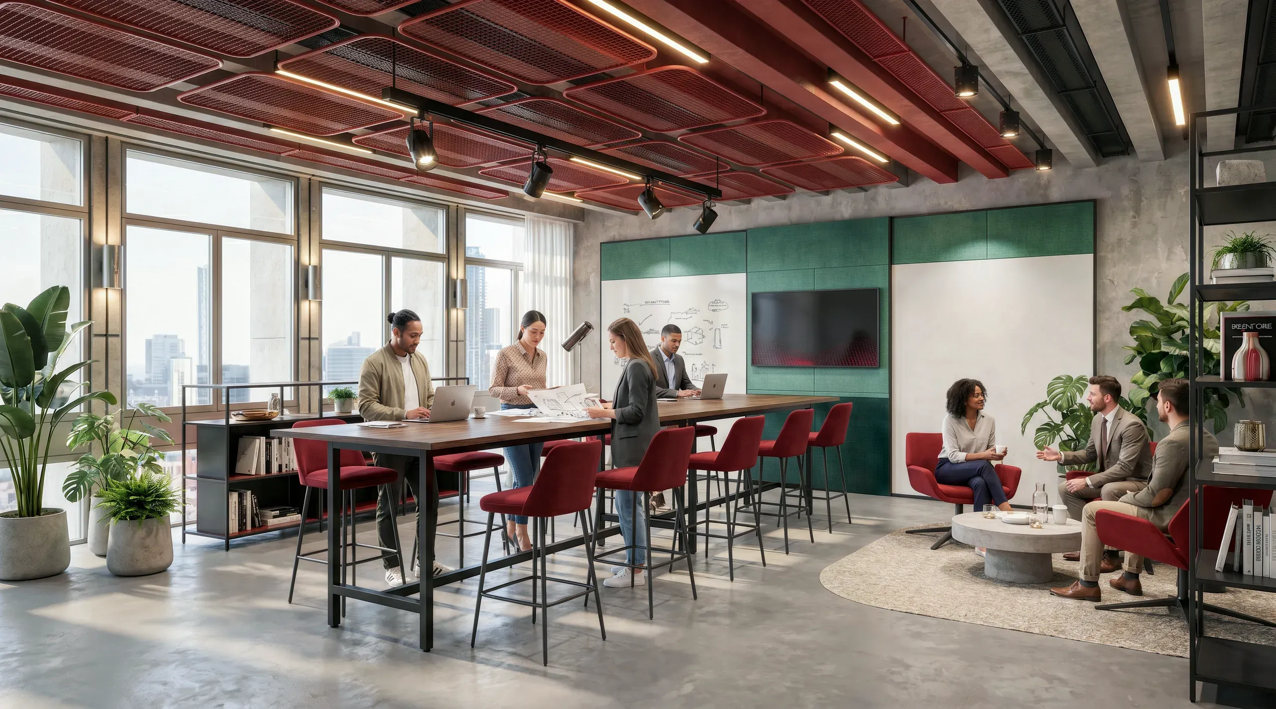 Modern office space with red ceiling panels, collaborative work areas, green accent wall, red seating, potted plants, and city views through large windows.