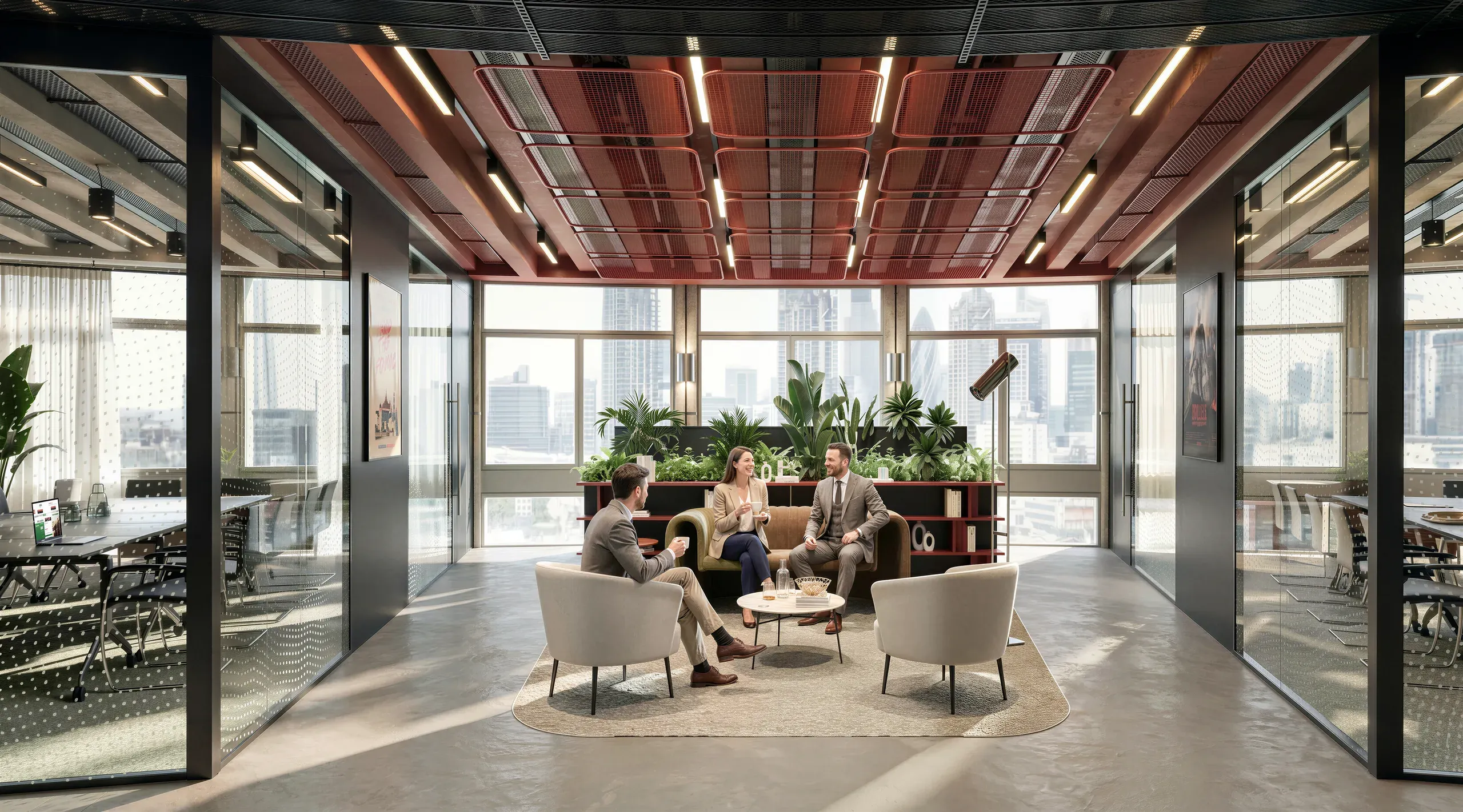 Modern high-rise office lounge with floor-to-ceiling windows overlooking city skyline, featuring red ceiling panels, potted plants, and three professionals conversing in contemporary furniture arrangement.