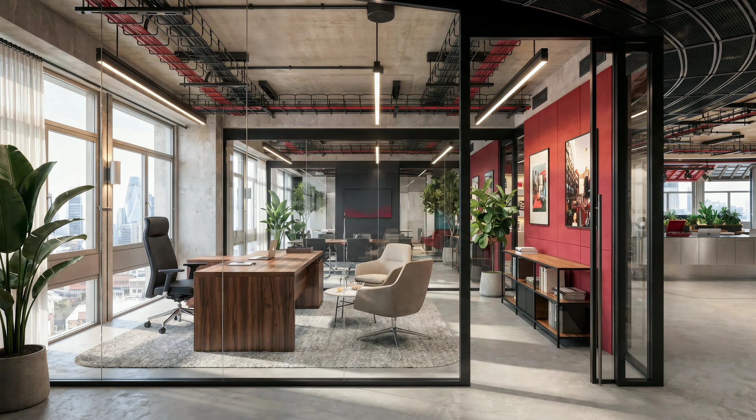 Modern executive office with glass partitions, wooden desk, beige seating, red accent wall, indoor plants, and city skyline views through floor-to-ceiling windows.