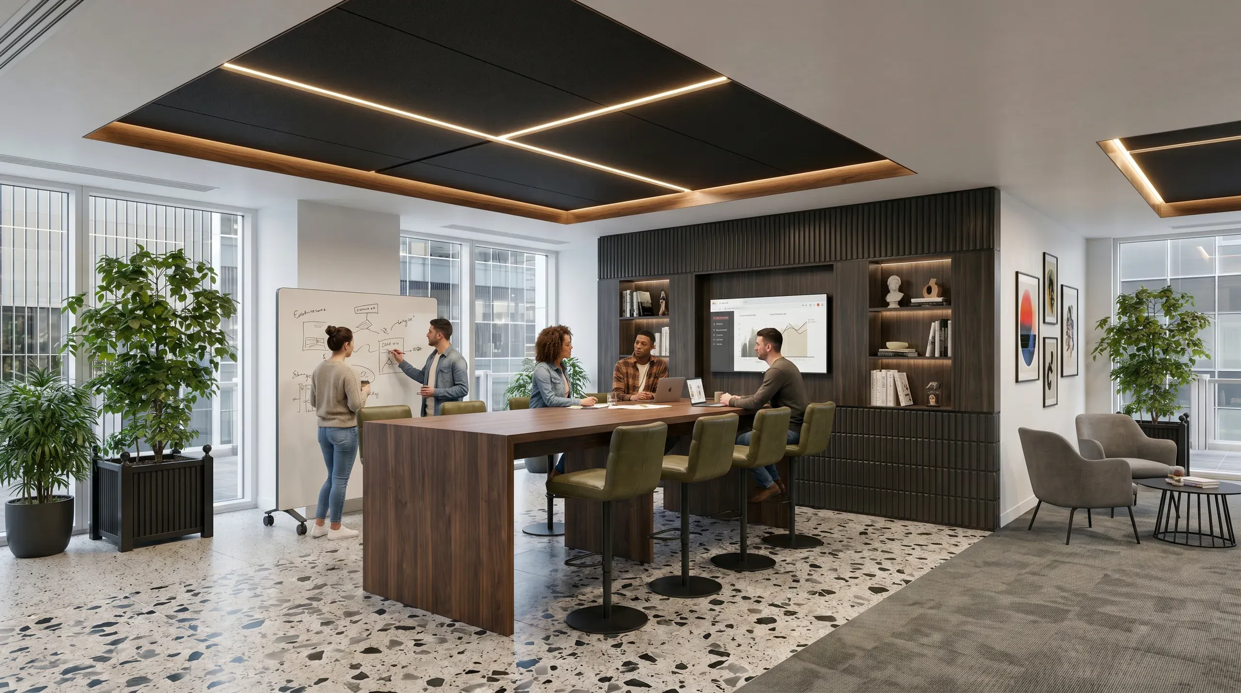 Modern office space with five professionals collaborating around a wooden table, featuring black ceiling with warm lighting, dark accent wall with shelving, plants, and floor-to-ceiling windows.