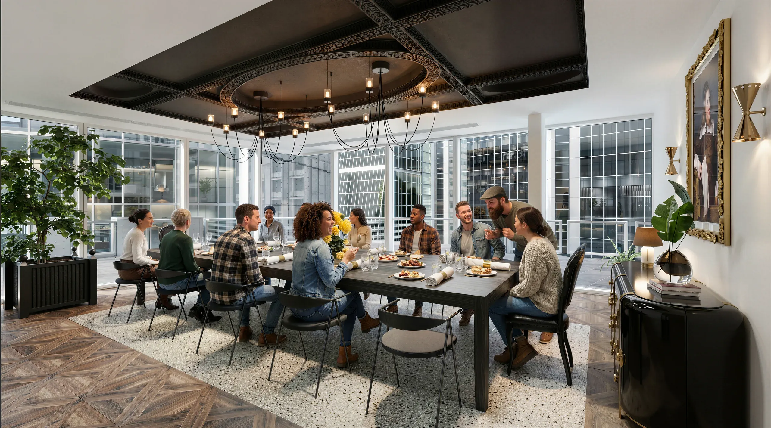 Modern high-rise dining room with floor-to-ceiling windows, black ceiling fixture with pendant lights, long dark table, and ten people dining together overlooking city skyline.
