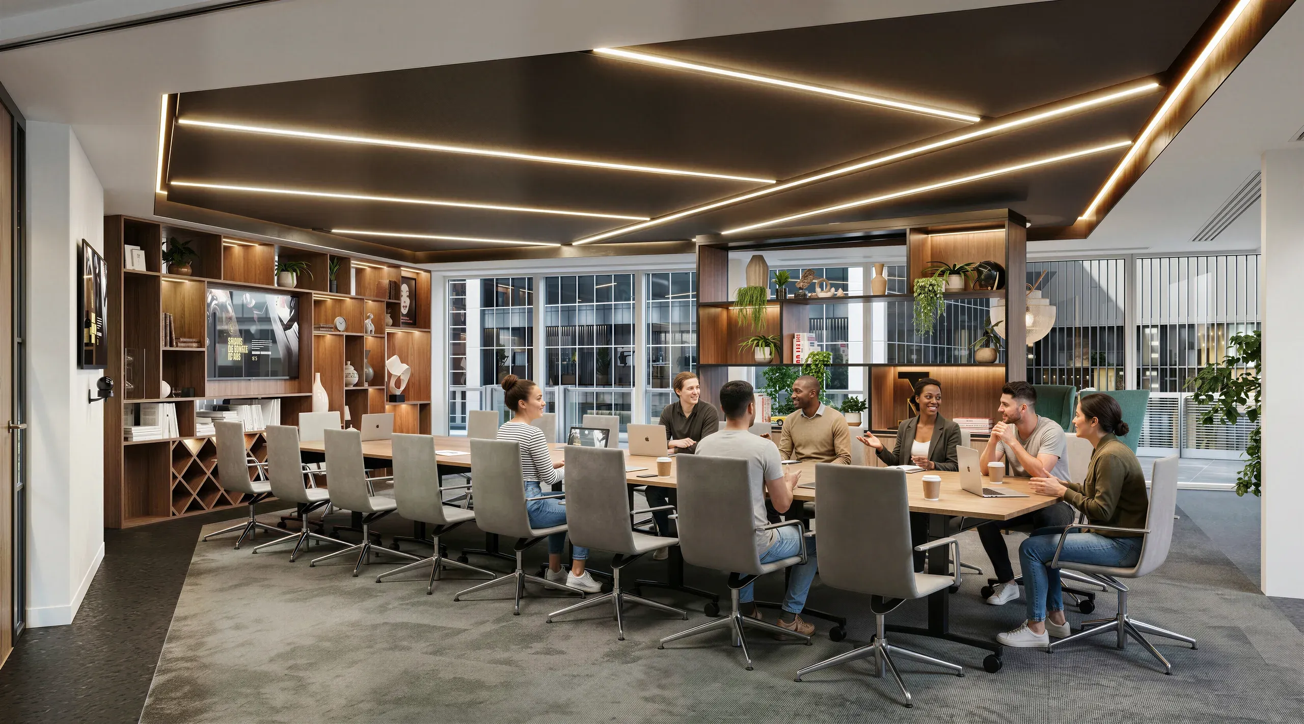 Modern office meeting room with wooden shelving, linear ceiling lights, diverse team seated around table, large windows overlooking cityscape, potted plants, and contemporary furniture.