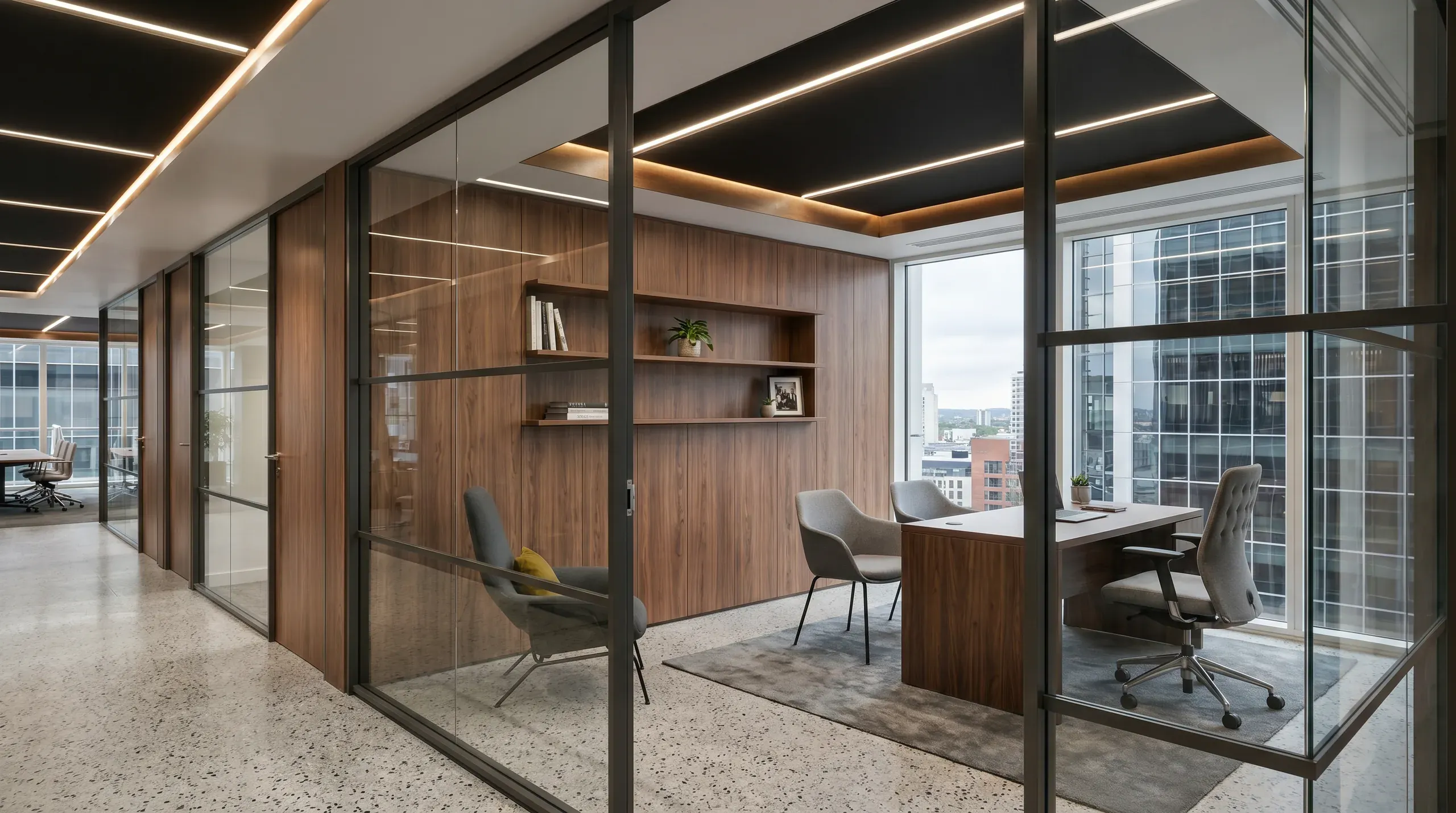 Modern office space with glass-partitioned rooms, wooden paneling, linear ceiling lights, and floor-to-ceiling windows overlooking a city skyline.