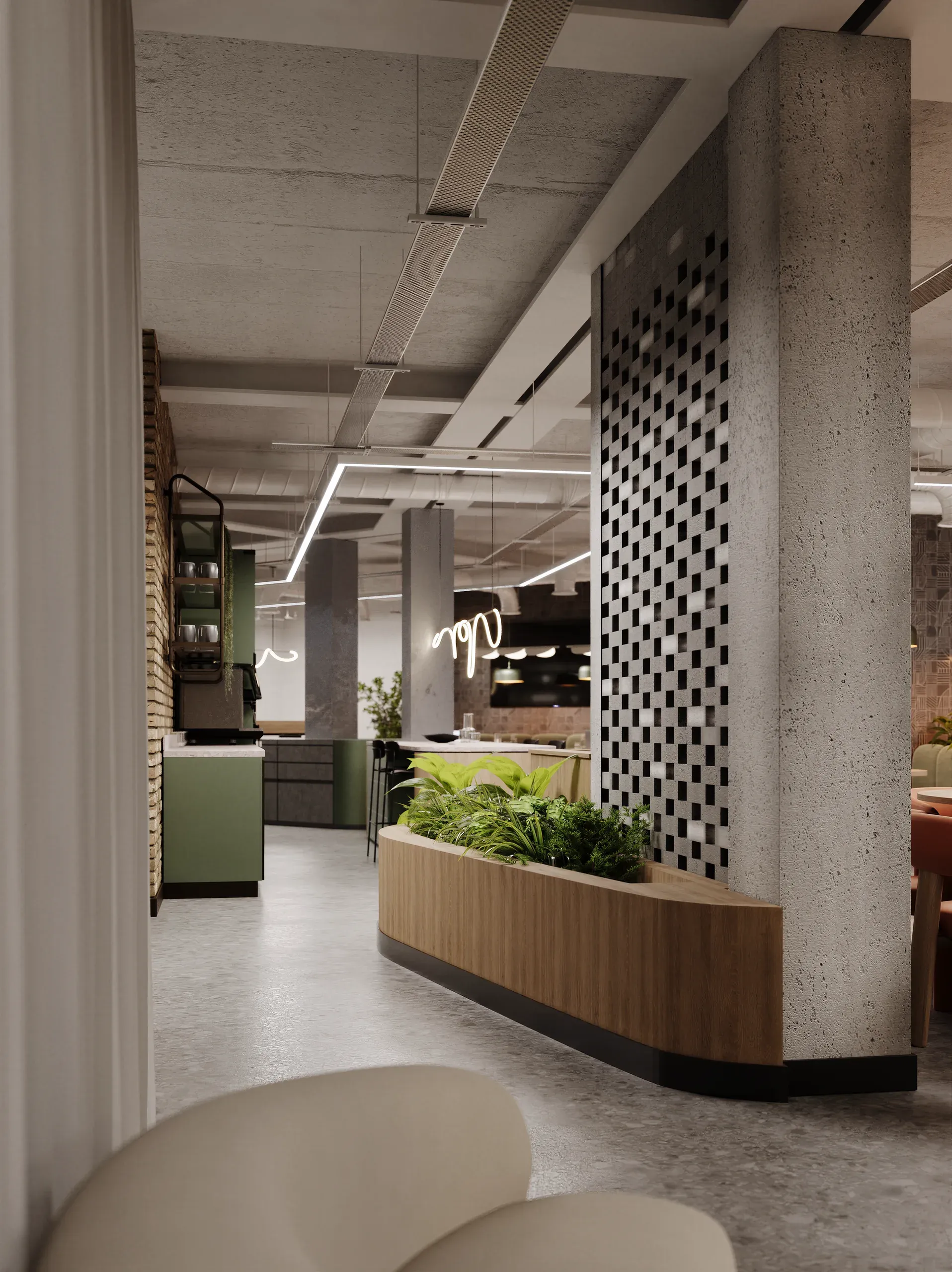 Modern office lobby with concrete columns, curved wooden planter with greenery, geometric perforated screen, green cabinetry, and linear ceiling lights.