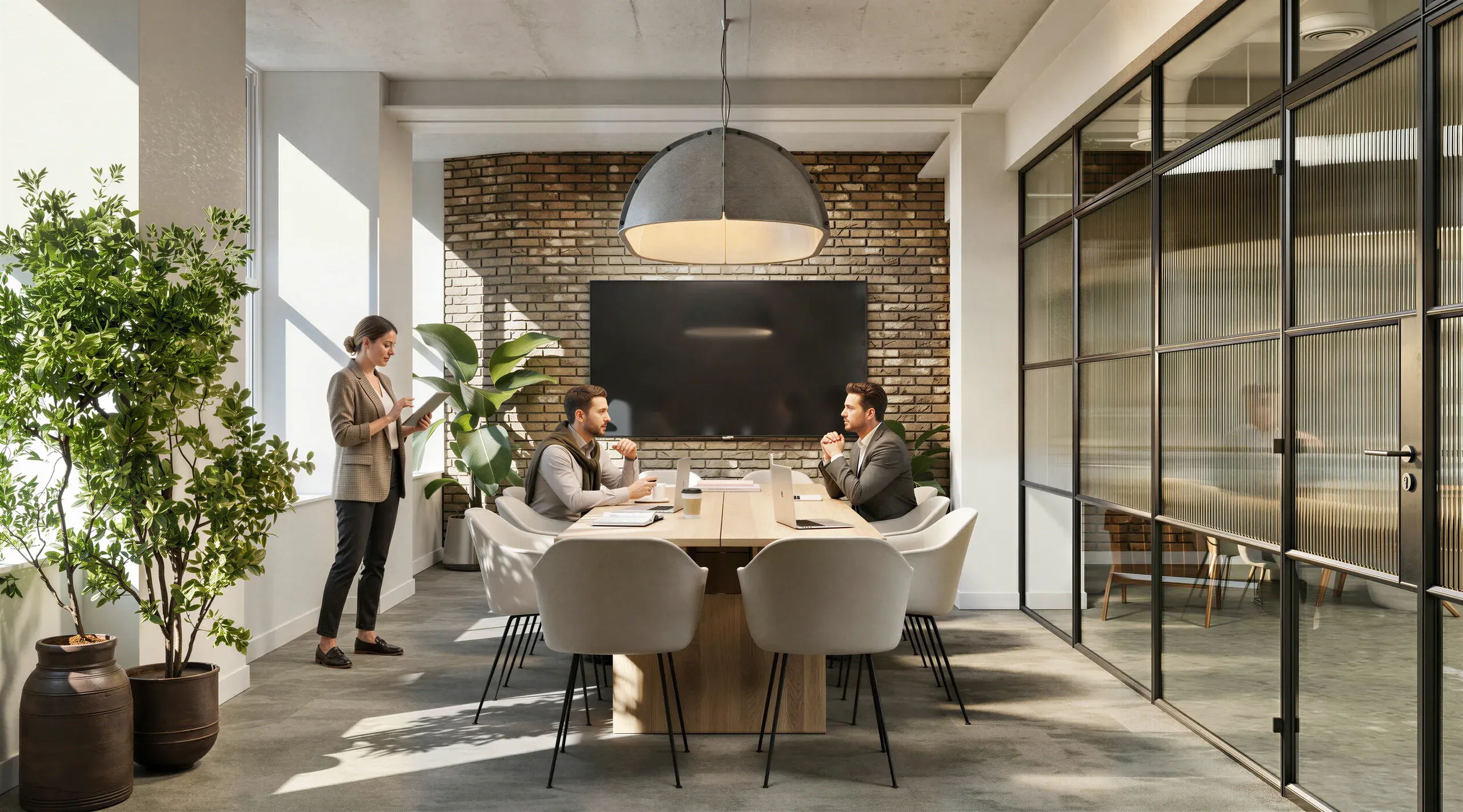Modern office meeting room with brick accent wall, pendant lighting, wooden table, and glass partitions. Three professionals in business casual attire collaborate during a meeting.