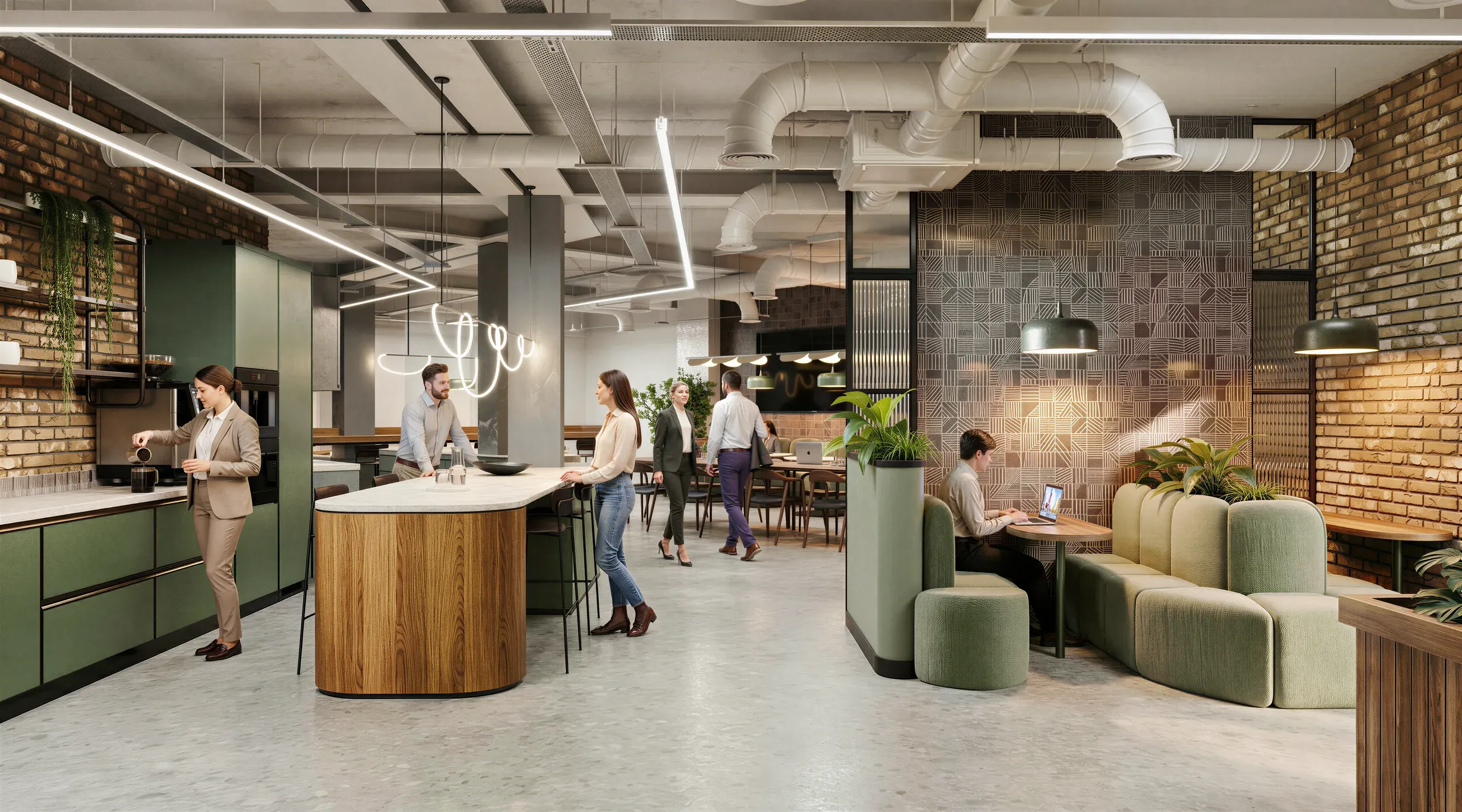 Modern office break room with green cabinetry, wooden island counter, lounge seating, exposed brick walls, and employees socializing and working.