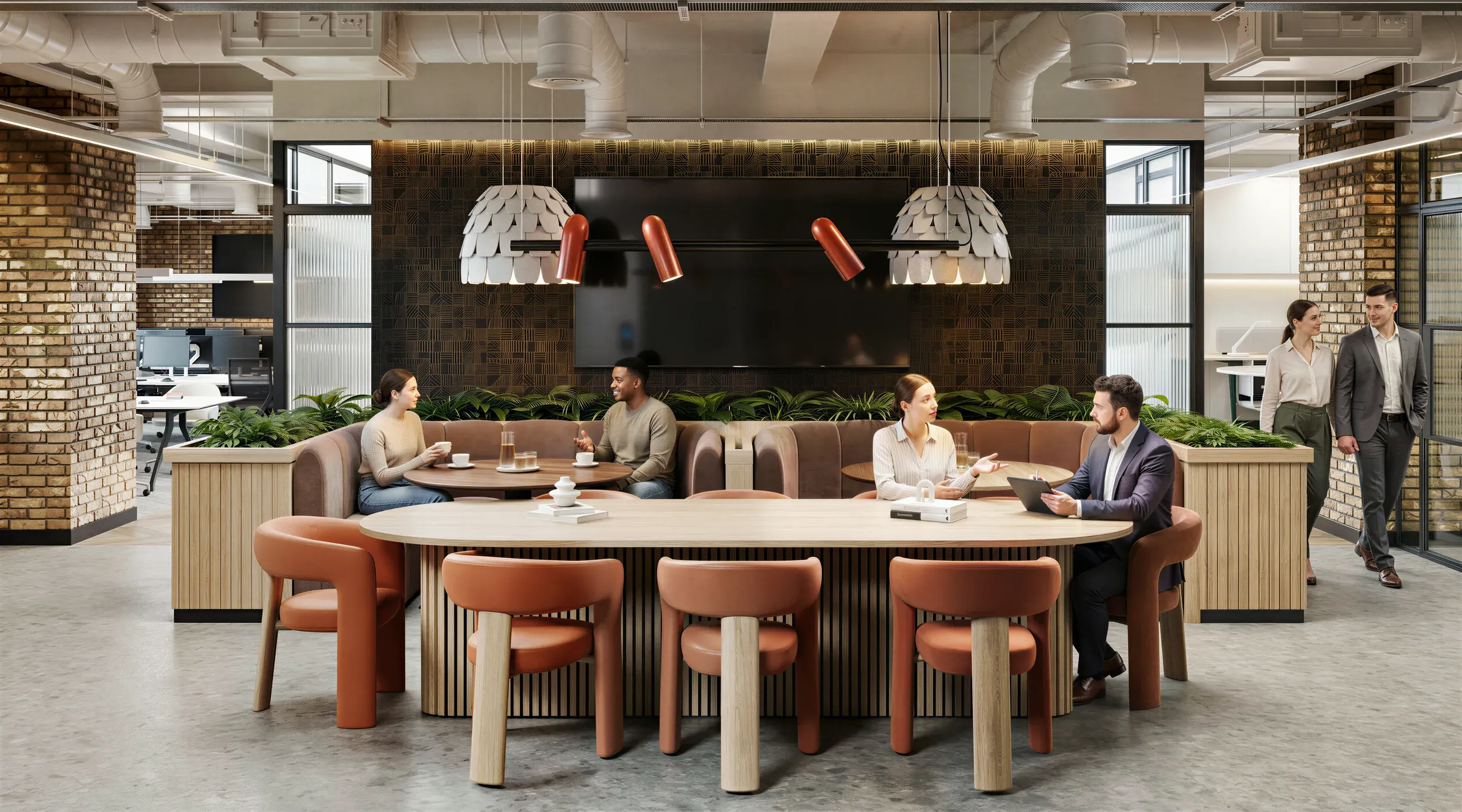 Modern office break room with orange seating, wood tables, brick walls, pendant lights, and employees collaborating in a contemporary workspace design.