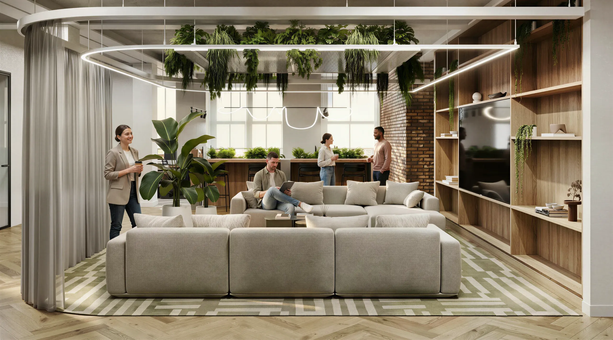 Modern open-plan office lounge with beige sectional sofa, hanging plants, wooden shelving, brick accent wall, and five people in casual interaction.