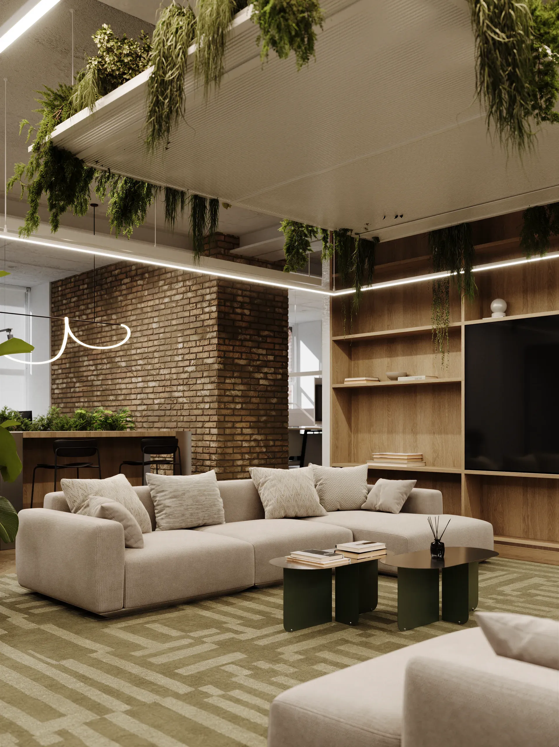 Modern loft living room with cream sectional sofa, exposed brick wall, wooden shelving, hanging plants, and geometric patterned flooring.