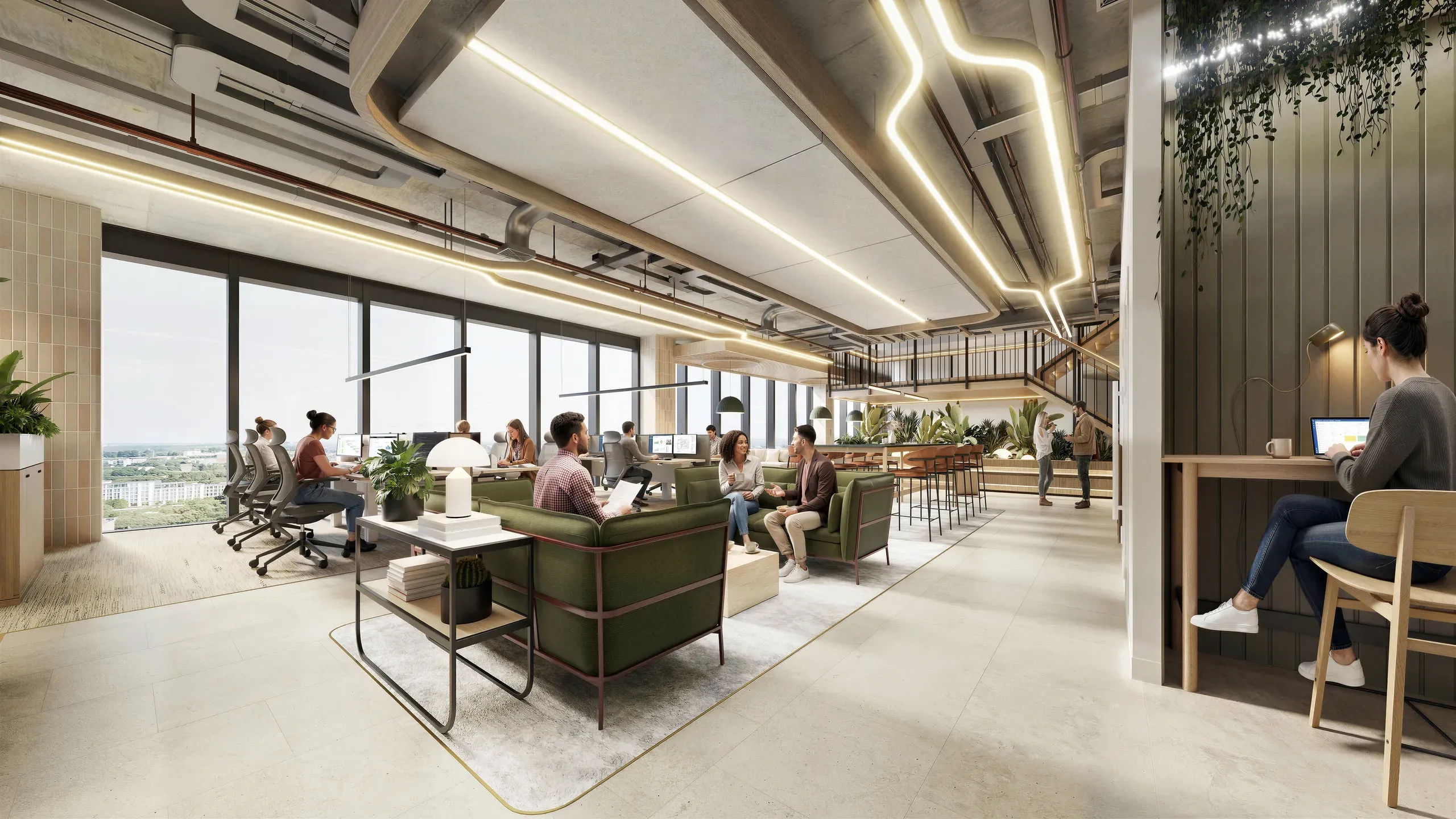 Modern open-plan office with green seating areas, floor-to-ceiling windows, linear ceiling lights, plants, and employees working at various stations.