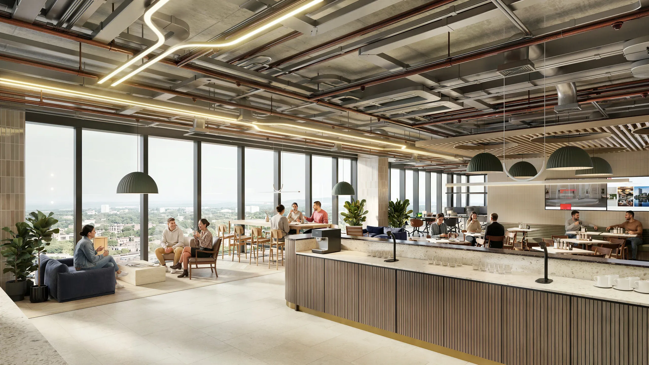 Modern high-rise office space with floor-to-ceiling windows overlooking cityscape, open-plan layout with seating areas, kitchen counter, pendant lighting, and people working and socializing.