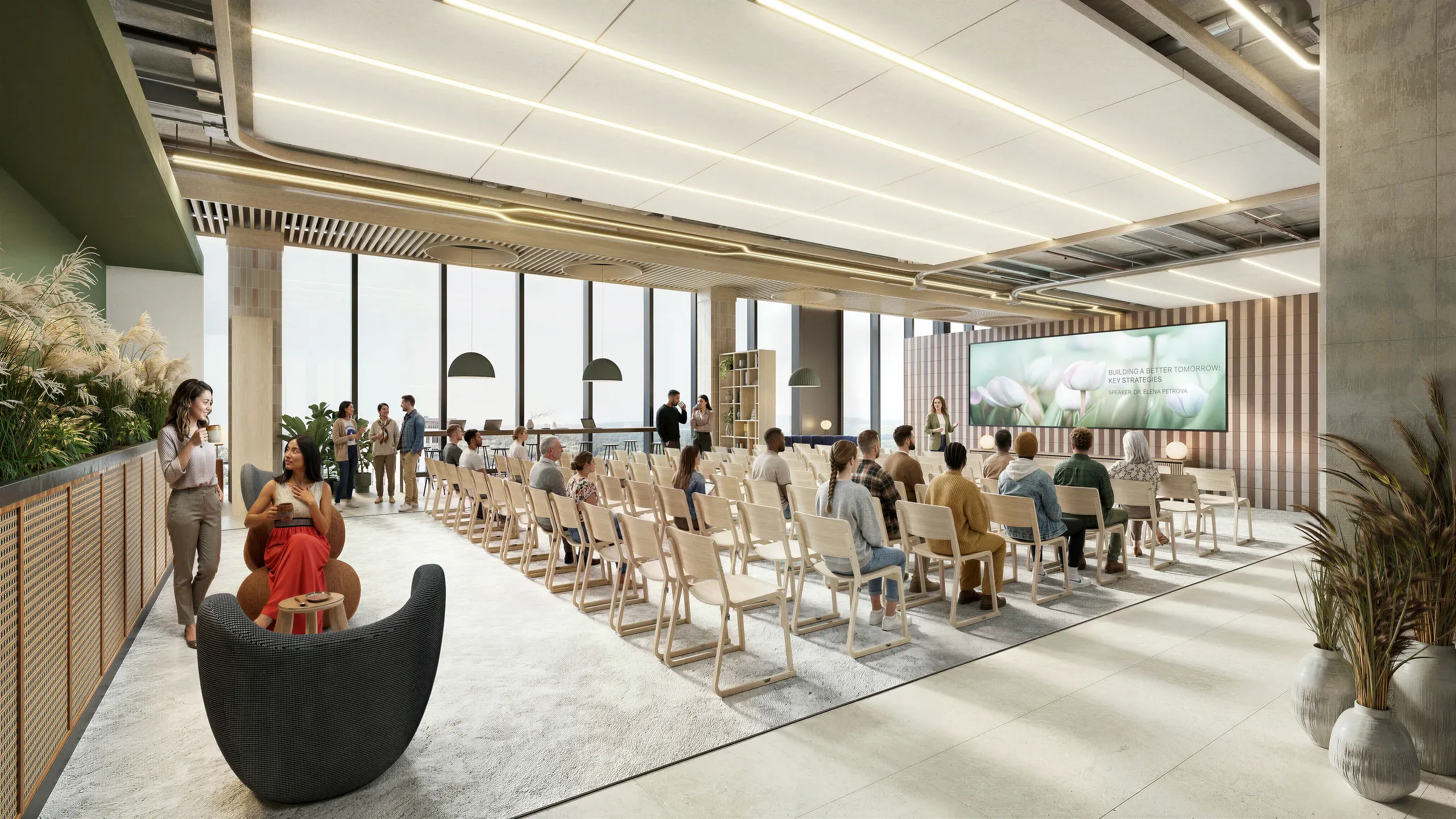 Modern conference room with rows of chairs facing a screen, floor-to-ceiling windows, pendant lighting, potted plants, and attendees in casual business attire.