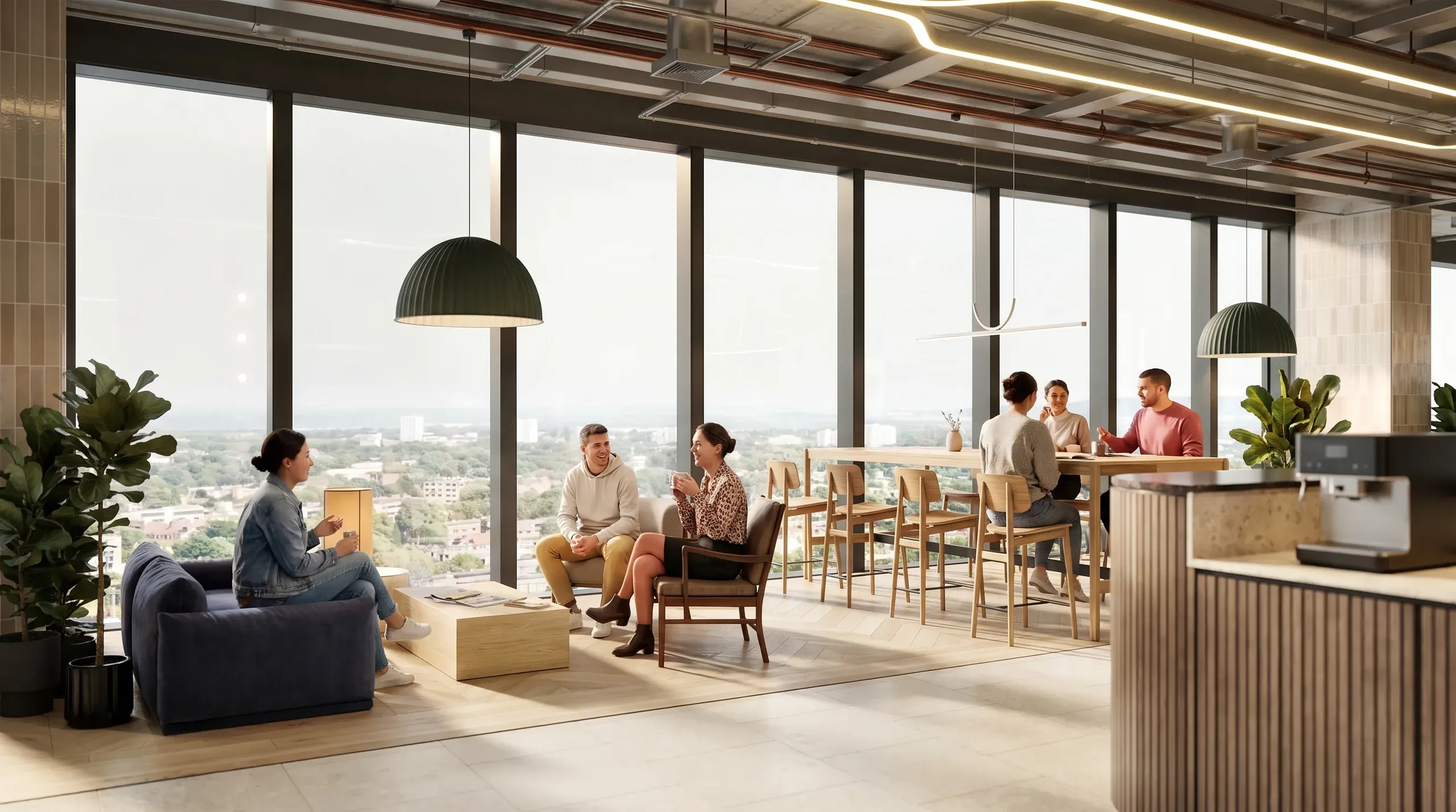 Modern high-rise office break room with floor-to-ceiling windows overlooking a cityscape, featuring casual seating, dining area, pendant lighting, and plants.