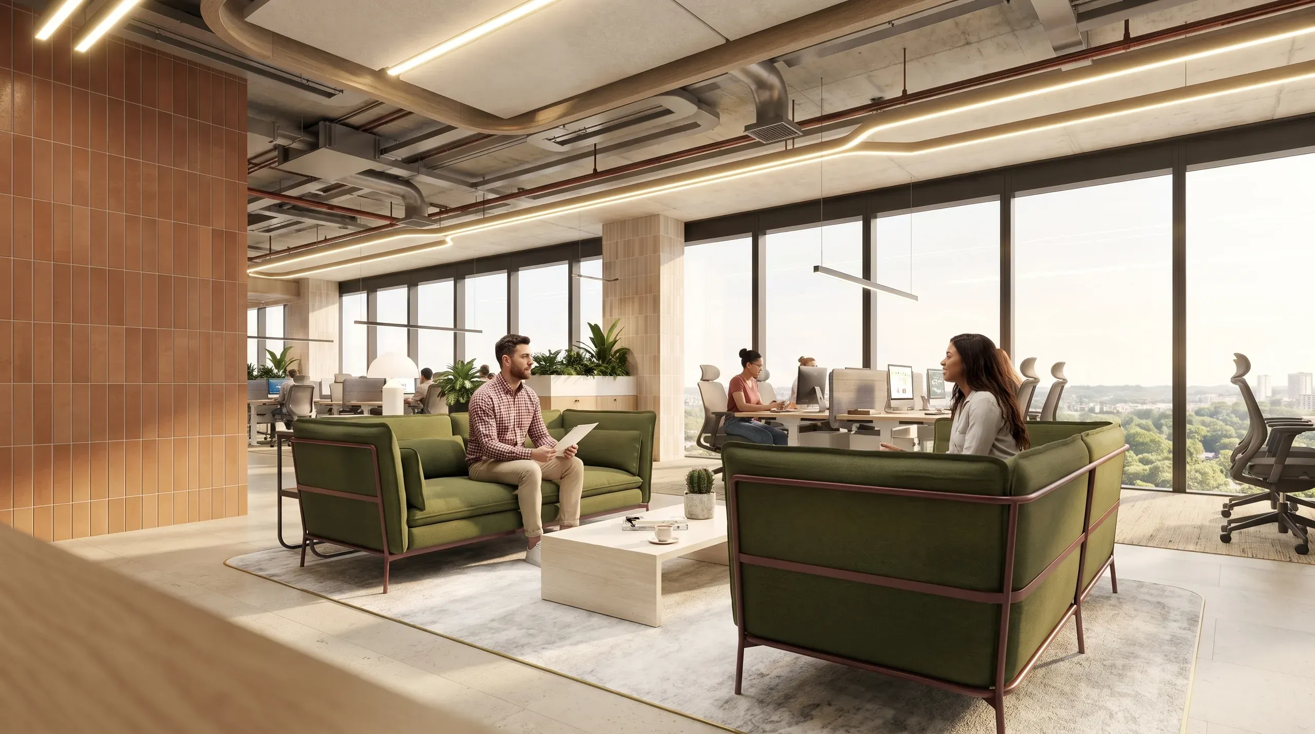 Modern office lounge with green armchairs, wooden accents, floor-to-ceiling windows overlooking cityscape, and employees working at desks in background.