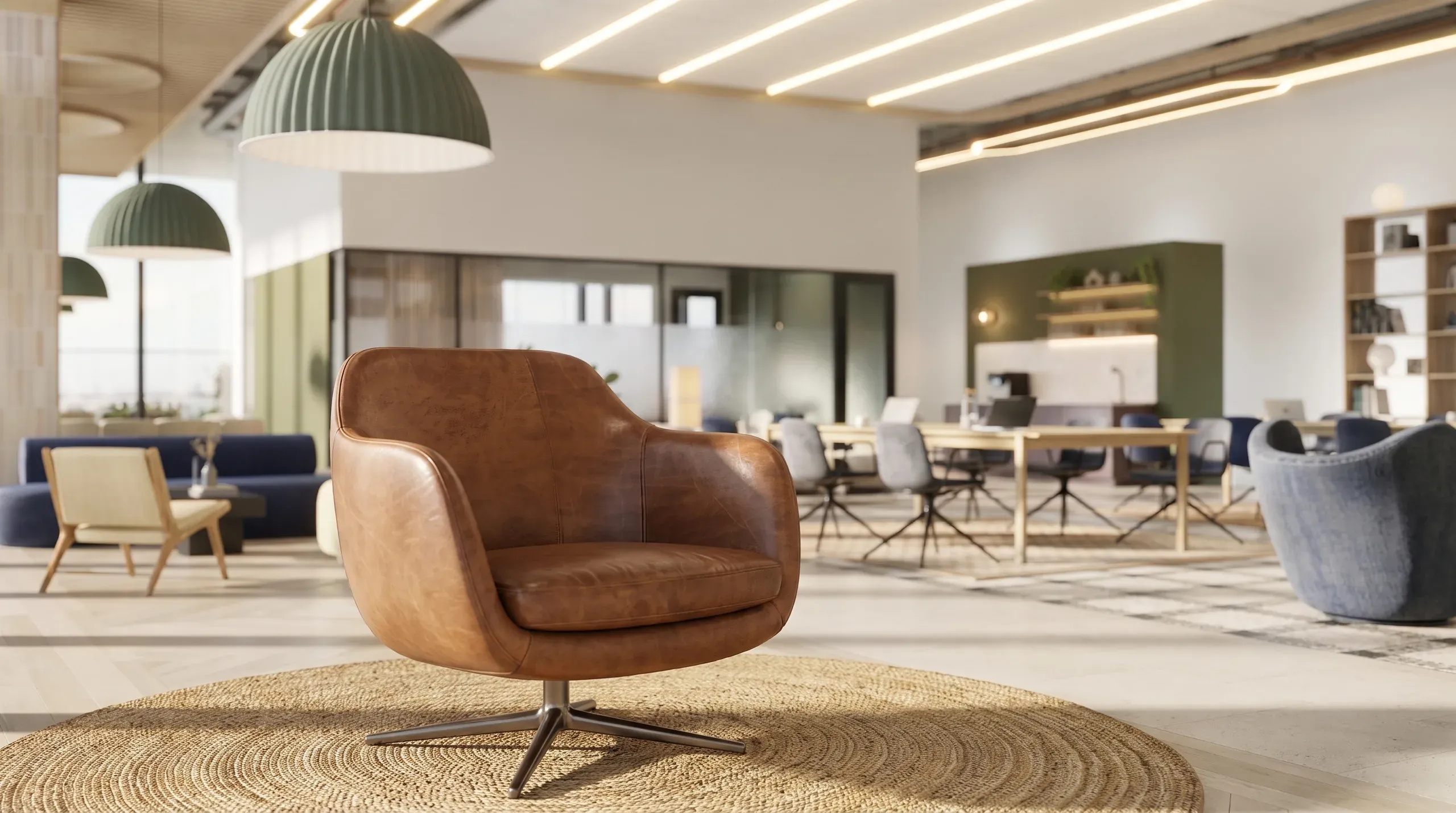 Modern office space with brown leather lounge chair on circular rug, green pendant lights, wooden desks, and natural lighting.