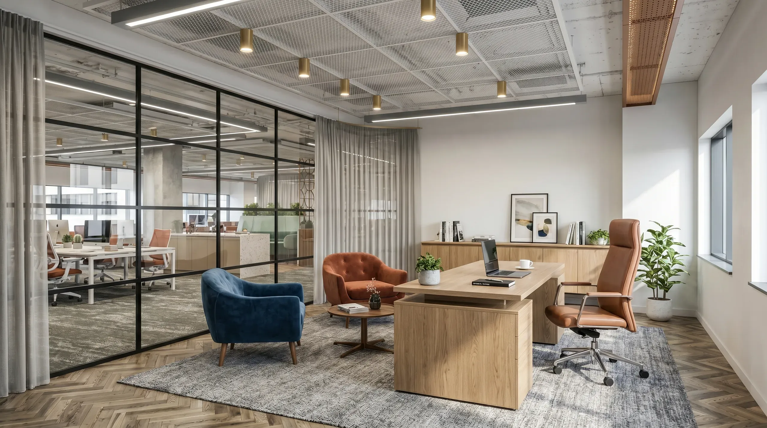 Modern executive office with wooden desk, cognac leather chair, blue accent chair, glass partition walls, and open floor plan with workspace visible beyond.