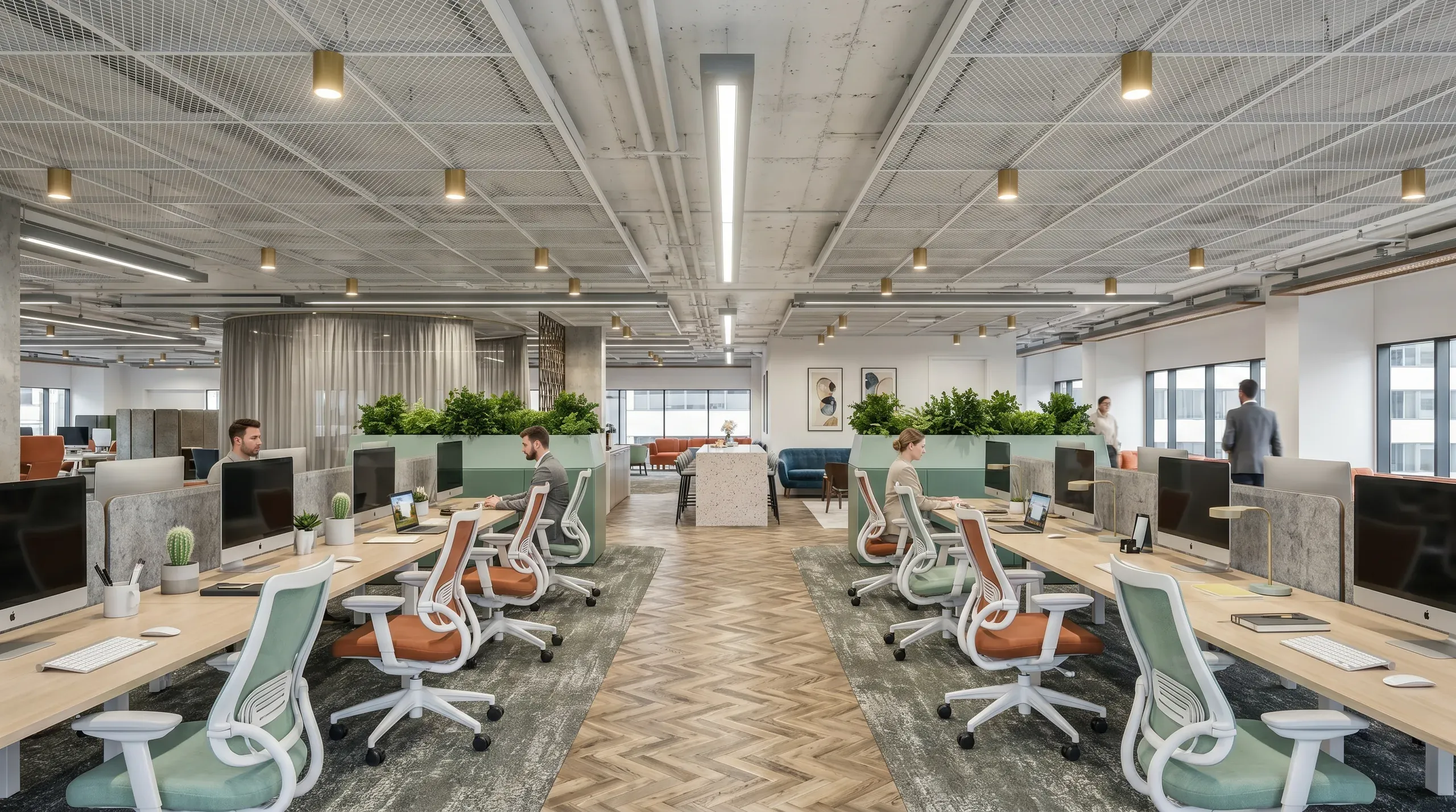 Modern open-plan office with rows of workstations featuring green and orange ergonomic chairs, natural wood desks, potted plants, and industrial ceiling with pendant lights.